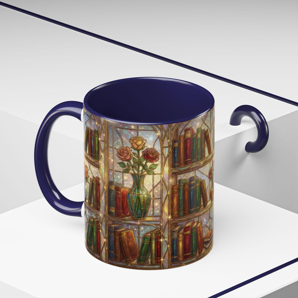 Stained Glass Books Mug, Book Lover Coffee Mug, Cozy Library Mug, Bookish Gift for Readers, Dark Academia Mug, Floral Bookshelf Cup, Cute Character Mug – Fun Design for Daily Use