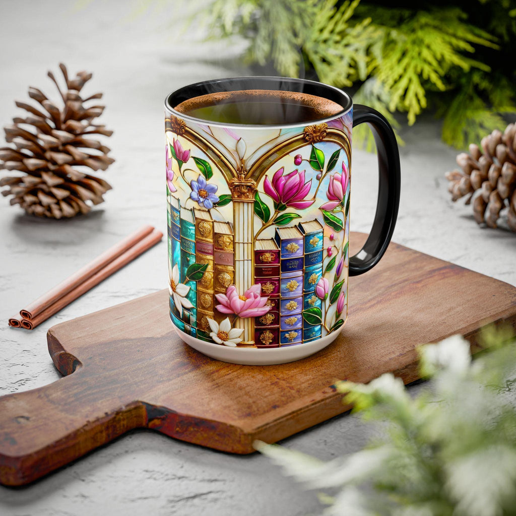 Floral Bookshelf Coffee Mug, Bookish Faux Stained-glass Mug, Book Lover Gift, Reading Mug for Women, Library Aesthetic Cup 15oz