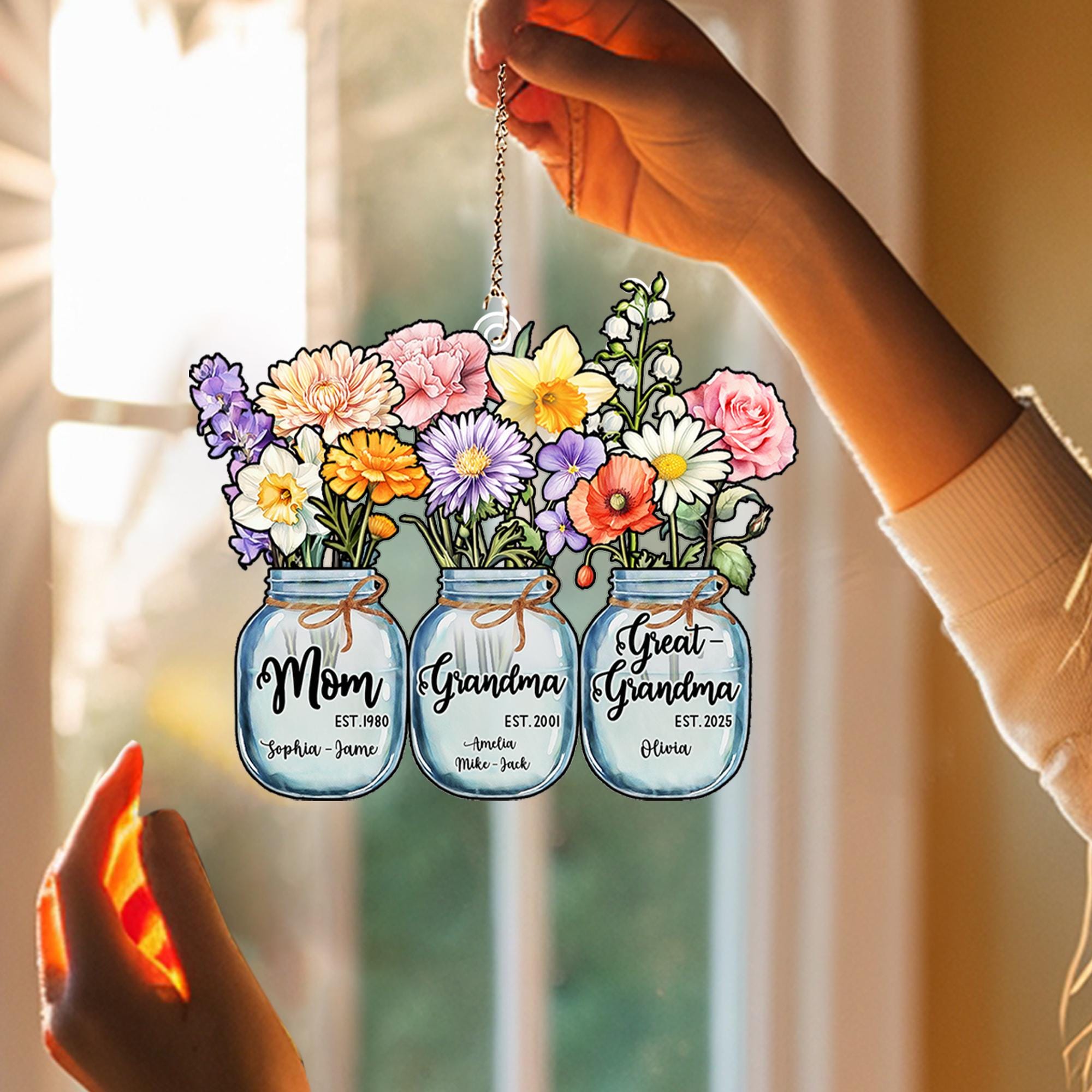 Custom Great Grandma's Garden Suncatcher, Birth Month Flower Acrylic Window Hanging, Grandma Suncatcher, Gift From Grandkids, Christmas Gift