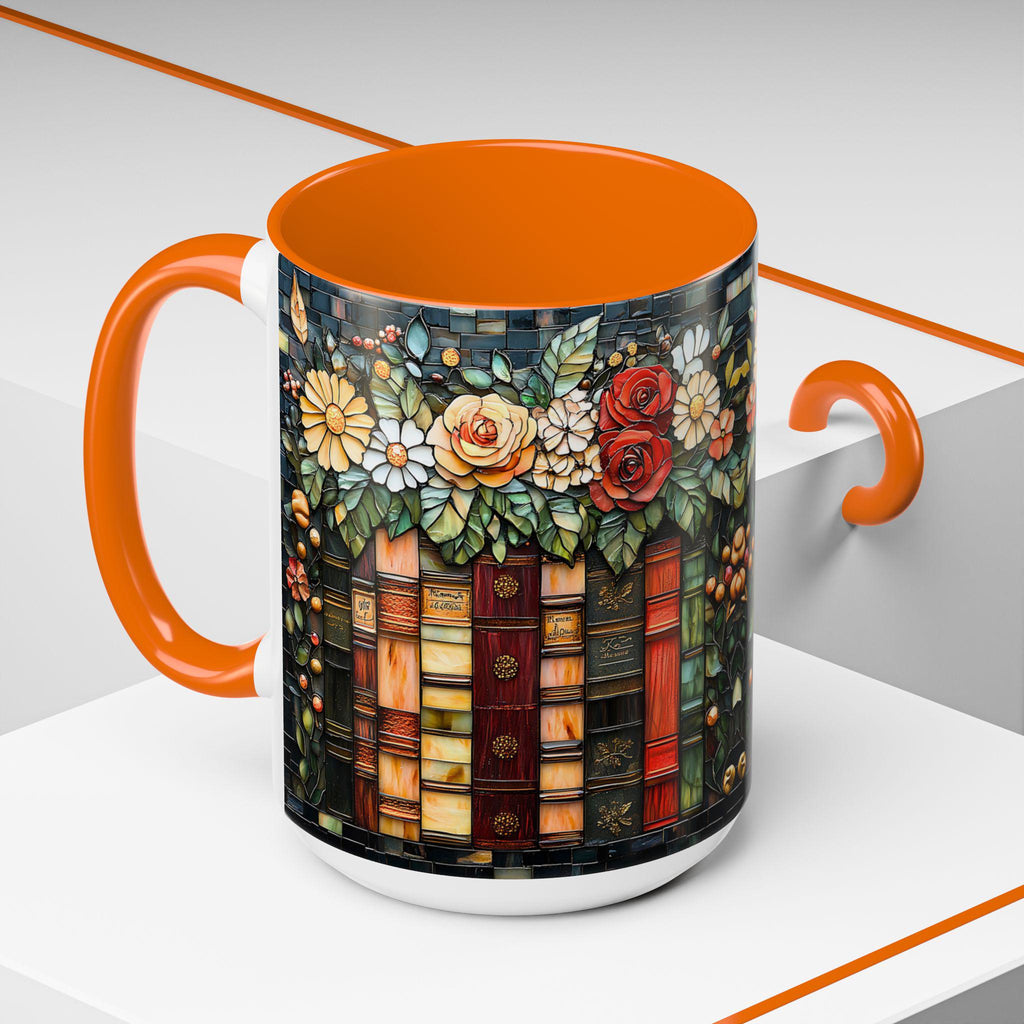 Floral Bookshelf Mug_ Faux Stained Glass Ceramic Coffee Cup Bookish Literature and Kitchen Booklover