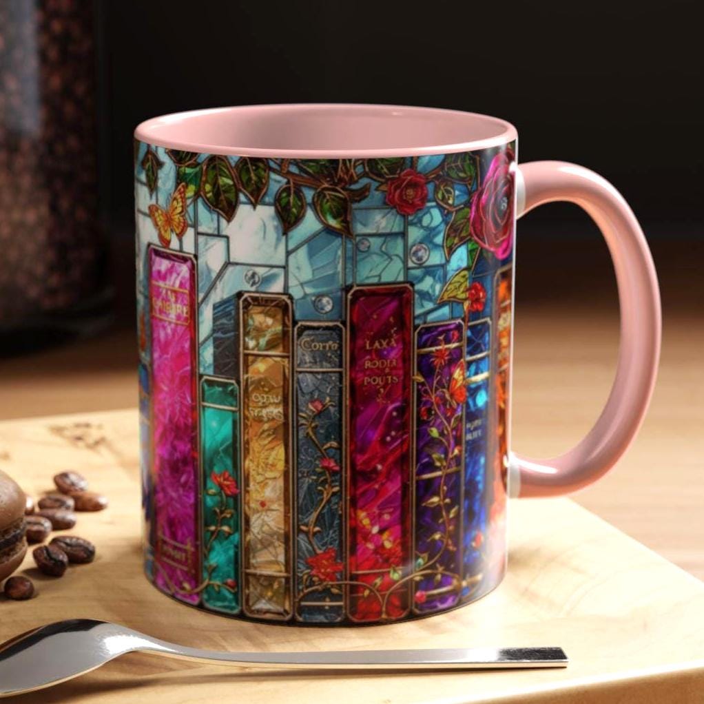Bookish Stained Glass Mug _ Vintage Bookshelf, Cozy Reader Gift, Cozy Reader Gift, Book Lover Gift, Reading Mug for Women, Library Aesthetic Cup 15oz