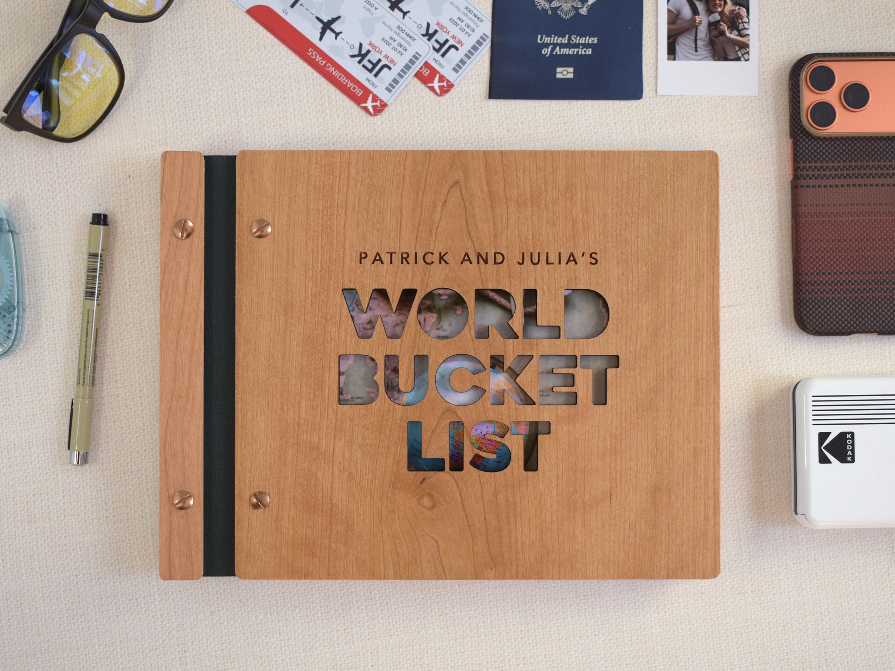 World Bucket List Adventure Book, Personalized Travel Scrapbook, Unique Valentines Gift, Couple Anniversary Gift for Her or Him
