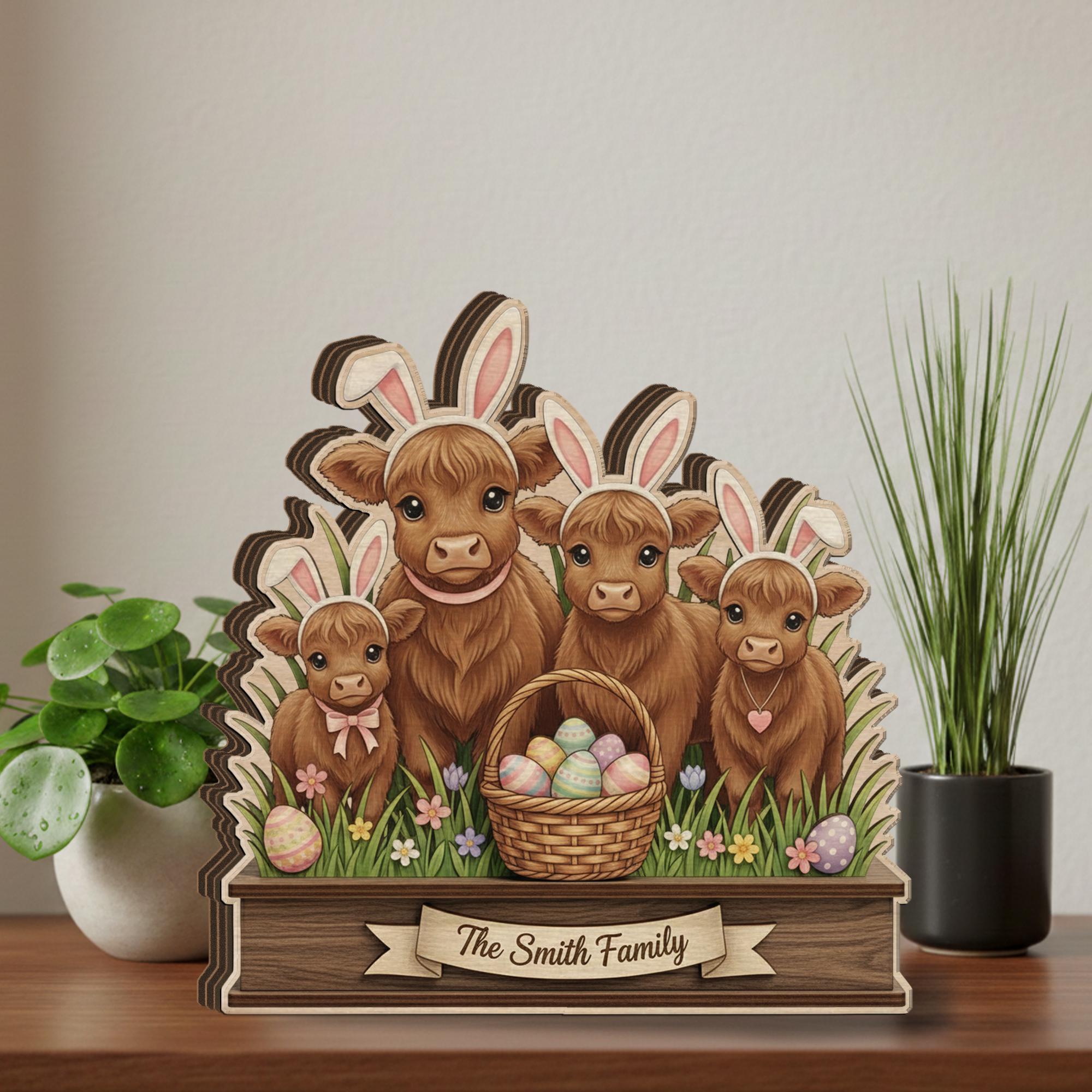 Personalized Wooden Block Easter Highland Cow Decor, Layered Bunny Farmhouse Sign