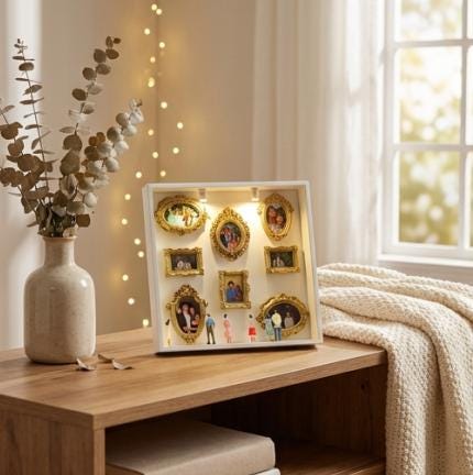 DIY Mini Museum Silhouette Box, LED Lighted Photo Shadow Box, Gold Vintage Frames with Mini Figurines, Personalized Memory Display Box,