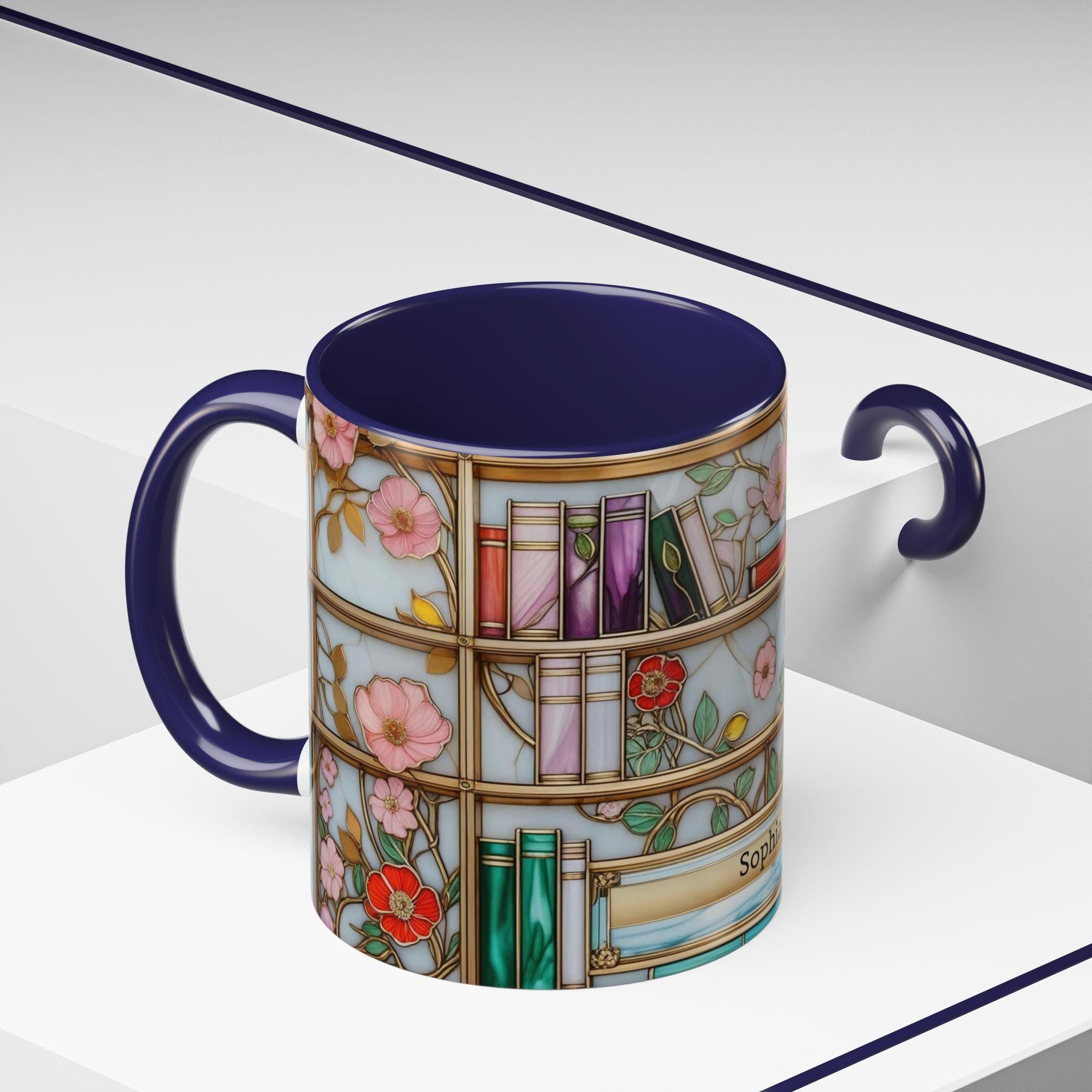 Stained Glass Bookshelf Mug, Floral Coffee Cup, Book Lover Gift, Premium Ceramic Mug – Everyday Use & Gift Idea