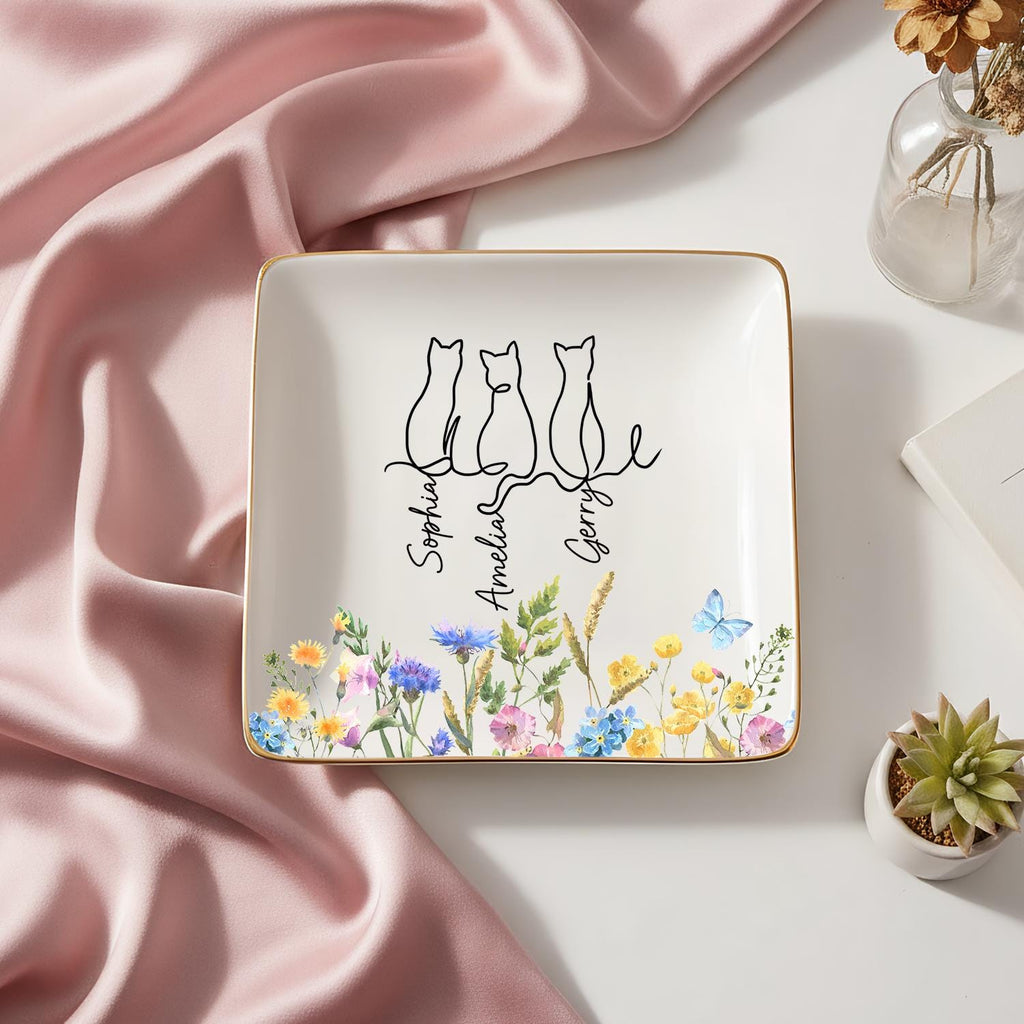 Personalized Cat Floral Ring Dish, Custom Cat With Name Jewelry Dish, Cat Lover Gift, Unique Christmas Present, Gift for Cat Owner Pet Lover