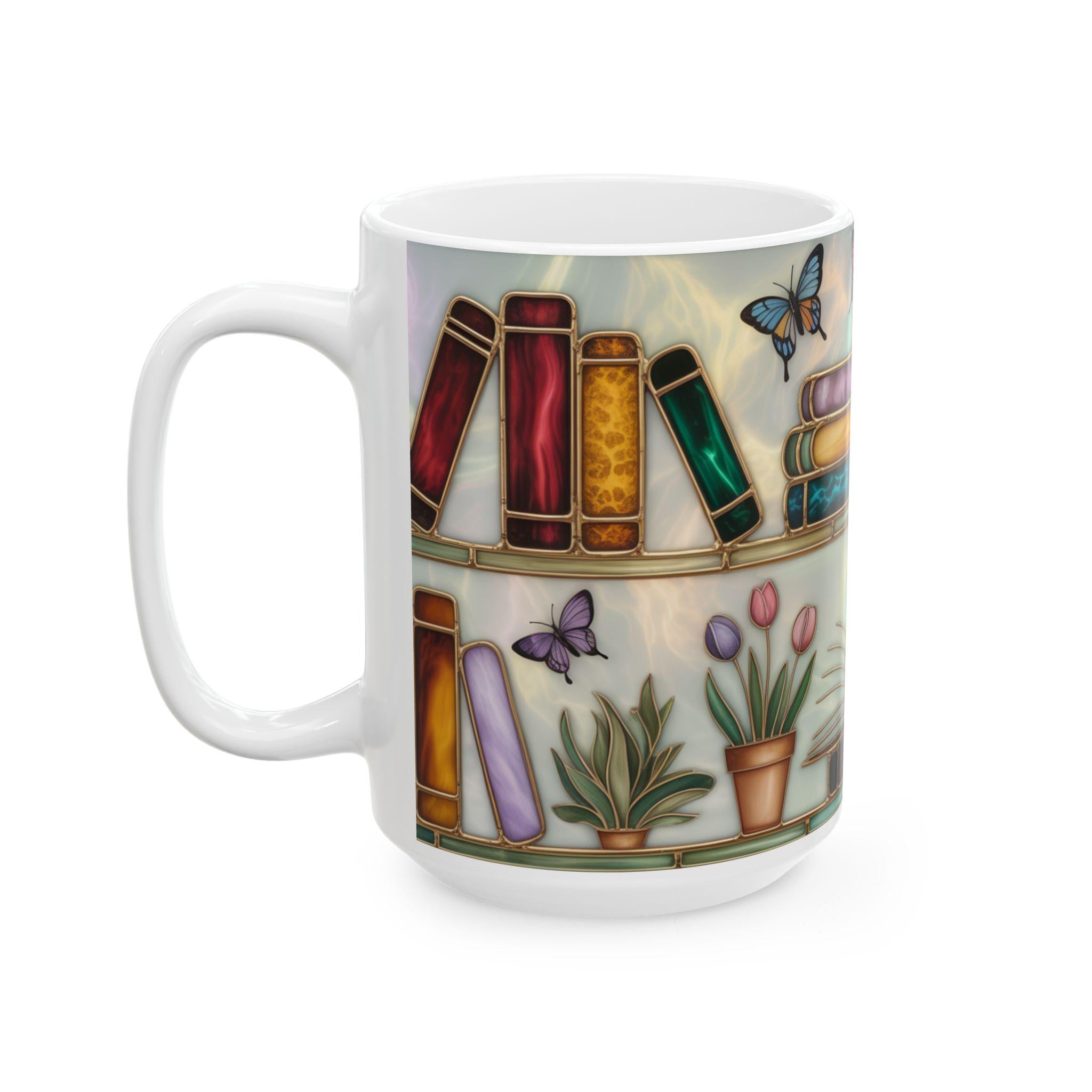Book Lover Gift Stained Glass Design Bookshelf Mug Floral Butterfly Cottagecore Reading Mug Bookish Aesthetic Coffee Cup
