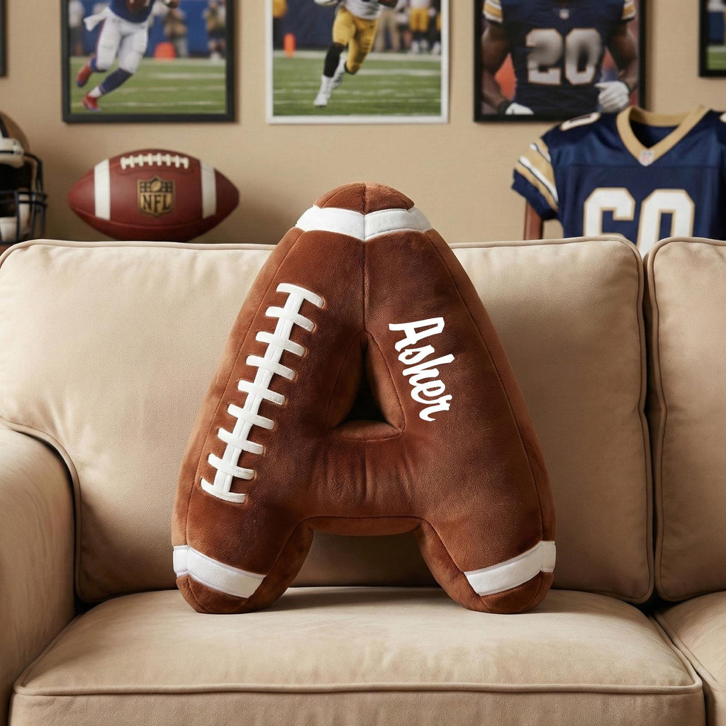 Custom Football Pillow, Personalized Initial Football Cushion, Rugby Letter Pillow, Football Decor, Gift for Kids, Flat Printed Design