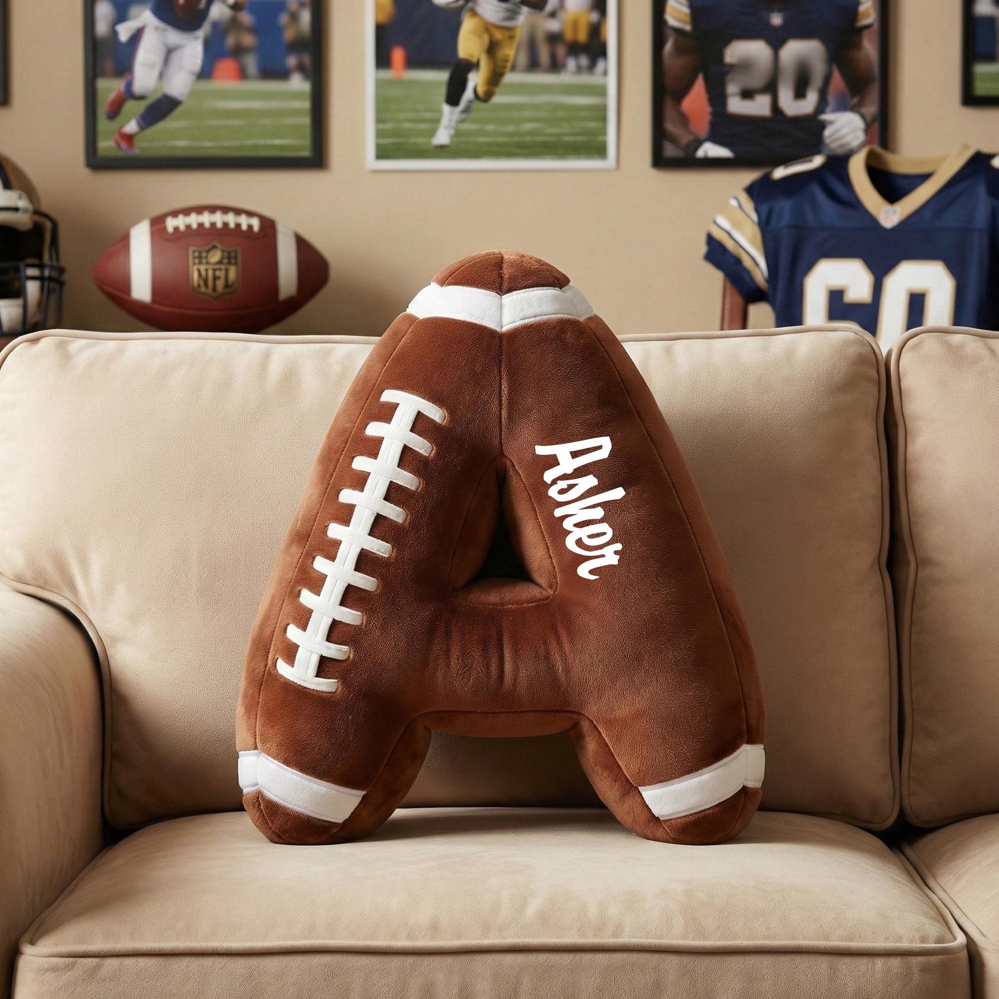 Custom Football Pillow, Personalized Initial Football Cushion, Rugby Letter Pillow, Football Decor, Gift for Kids, Flat Printed Design