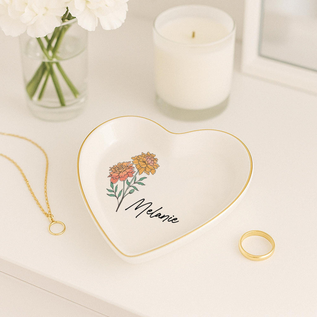 Personalized Birth Flower Ceramic Jewelry Dish_ Custom Trinket Ring Holder, ring Holder Dish,wedding Bridesmaid Gift