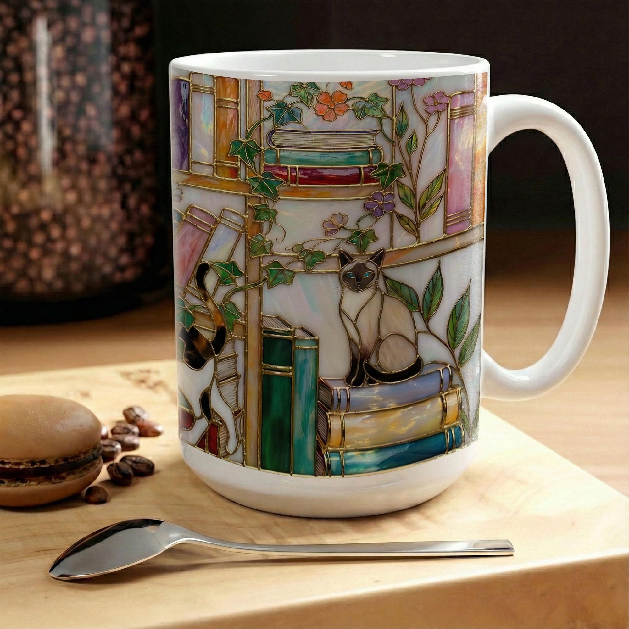 Stained Glass Book Lover Mug Floral With Cat Cottagecore Bookshelf Design Colorful Reading Bookish Cup 15oz Ceramic, Handle Color Mug, Adorable Ceramic Mug – Perfect for Kids & Families