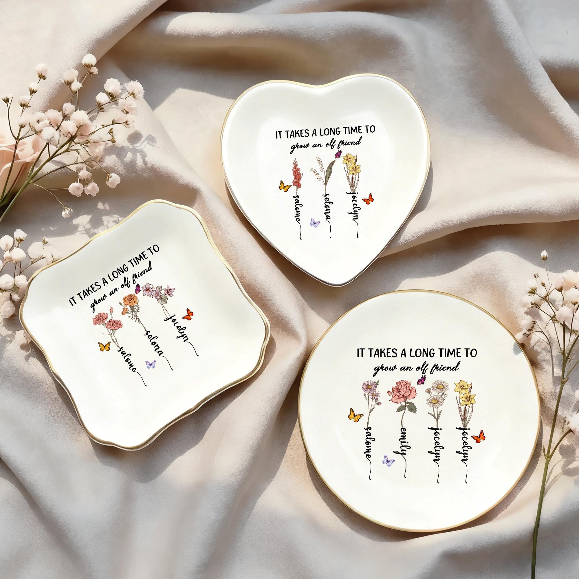 Personalized Birth Flower Jewelry Dish,it Takes A Long Time to Grow an Old Friend,best Friend Gift, Birthday Gift for Bestie,friendship Gift