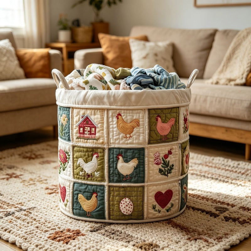 Chicken Print Quilted Storage Basket, Large Fabric Laundry Hamper with Handles, Farmhouse Clothes Bin for Bedroom & Laundry Room