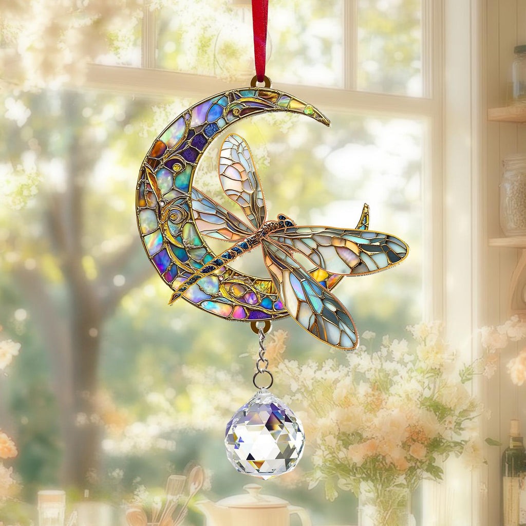 Dragonfly Suncatcher Crystal Prism, Acrylic Moon Dragonfly Hanging Sign, Window Art Decor, Nature Lover Gift, Home Accent