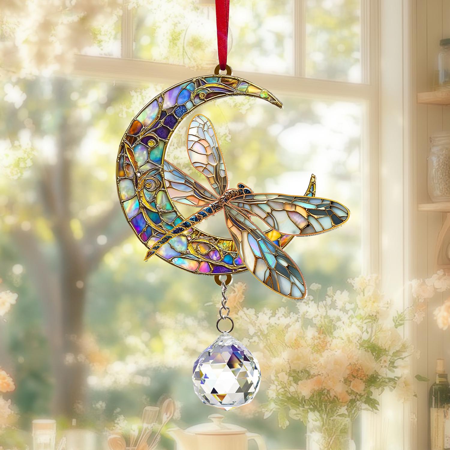 Dragonfly Suncatcher Crystal Prism, Acrylic Moon Dragonfly Hanging Sign, Window Art Decor, Nature Lover Gift, Home Accent