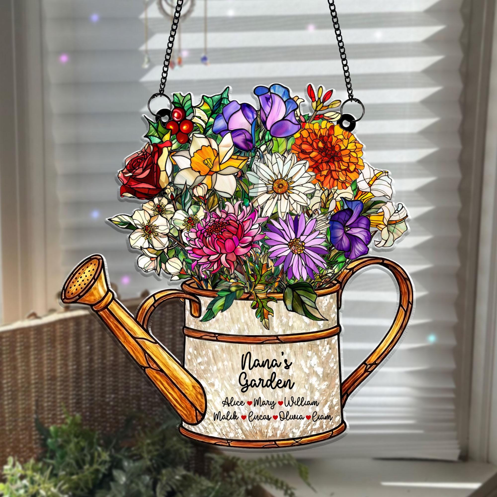 Personalized Grandma’s Garden Acrylic Suncatcher, Watering Can Floral Stained Glass Style, Custom Names Window Hanging Mother’s Day Gift
