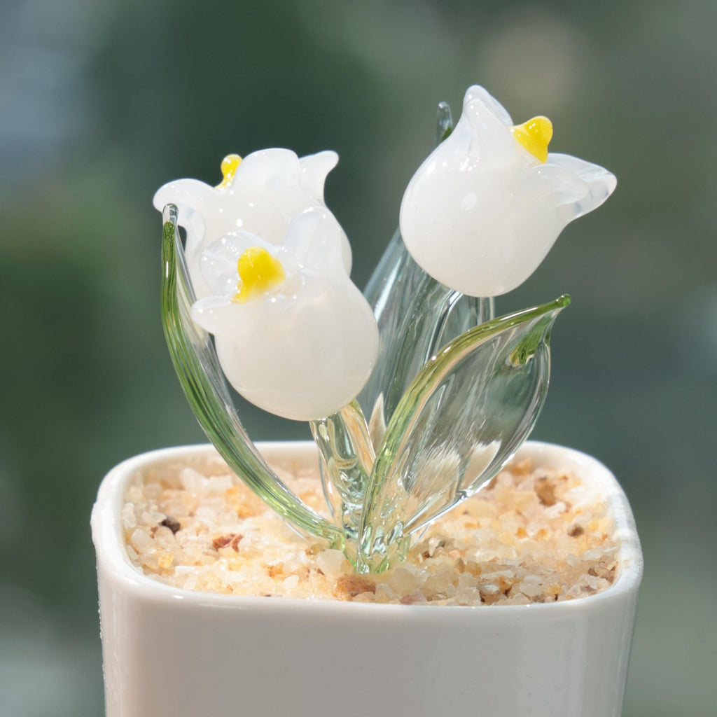 Hand Blown Glass Potted Plants – White, Pink & Blue Glass Tulip Figurines, Mini Flower Decor, Unique Handmade Gift