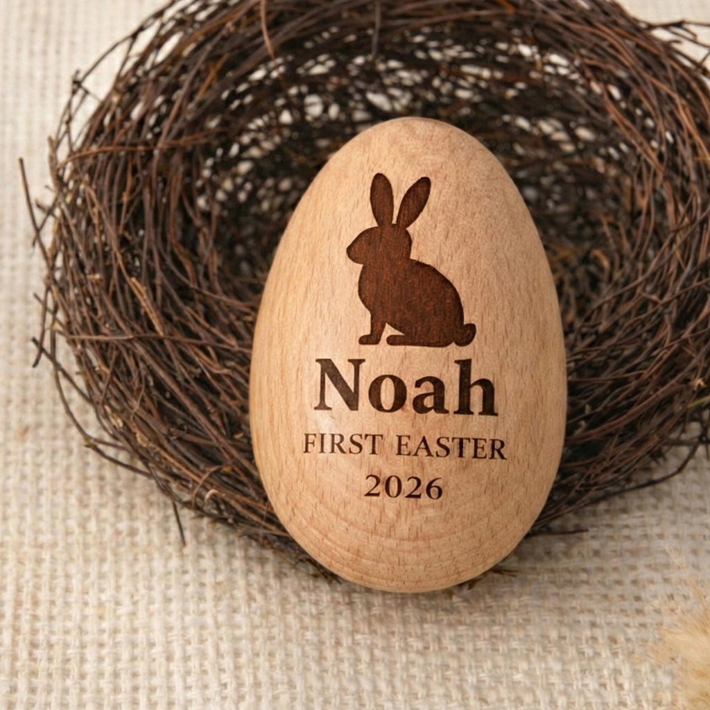 Personalized Wooden Easter Egg, Baby First Easter Keepsake, Custom Engraved Egg Shaker, Easter Basket Gift for Kids