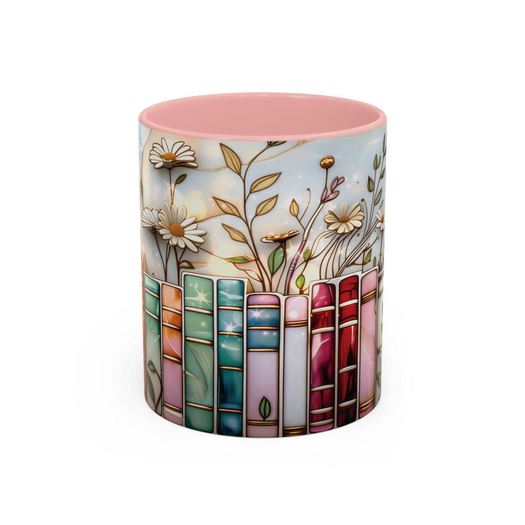 Stained Glass Floral Bookshelf Mug 15oz _ Book Lover Mug, Bookish Library Cup, Ceramic Coffee Cup, Aesthetic Library Decor for Her