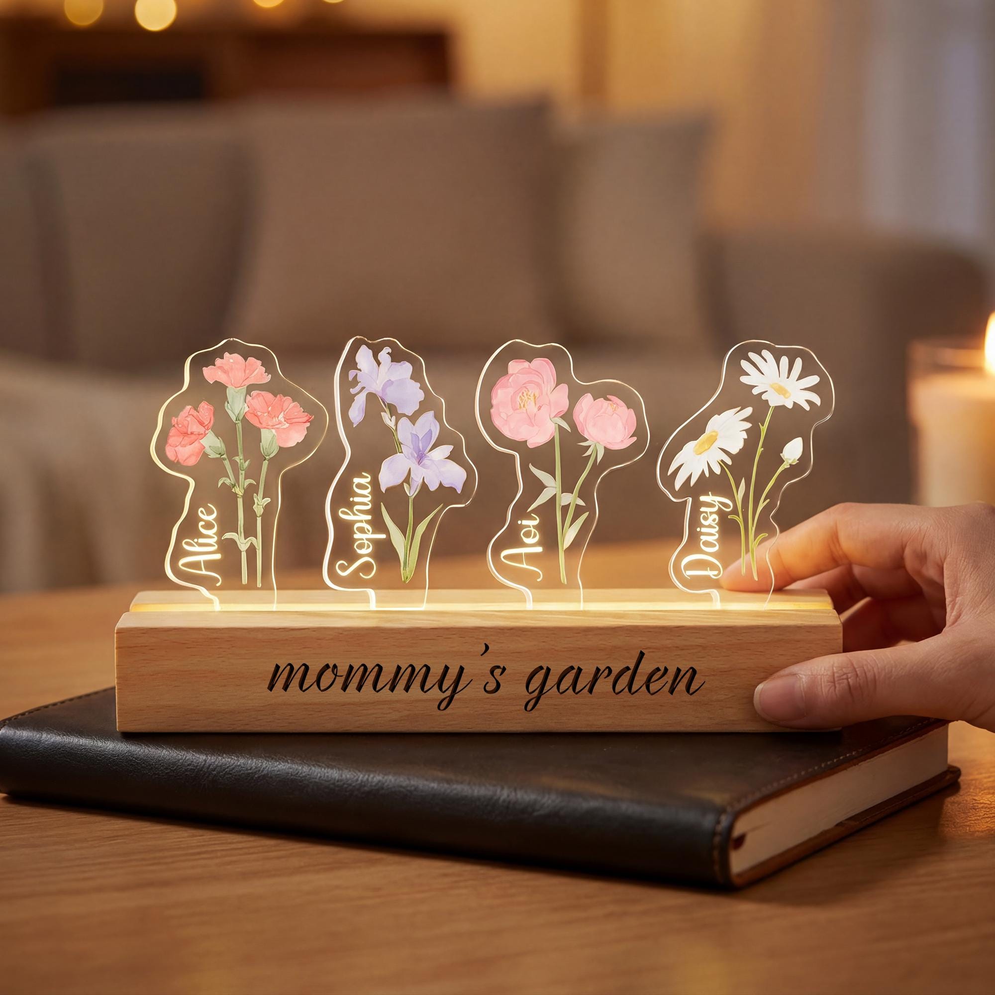 Personalized Nanny's Garden Birth Month Flower Night Light, Customized LED Lamp With Kids Names, Mother's Day Gift for Mom