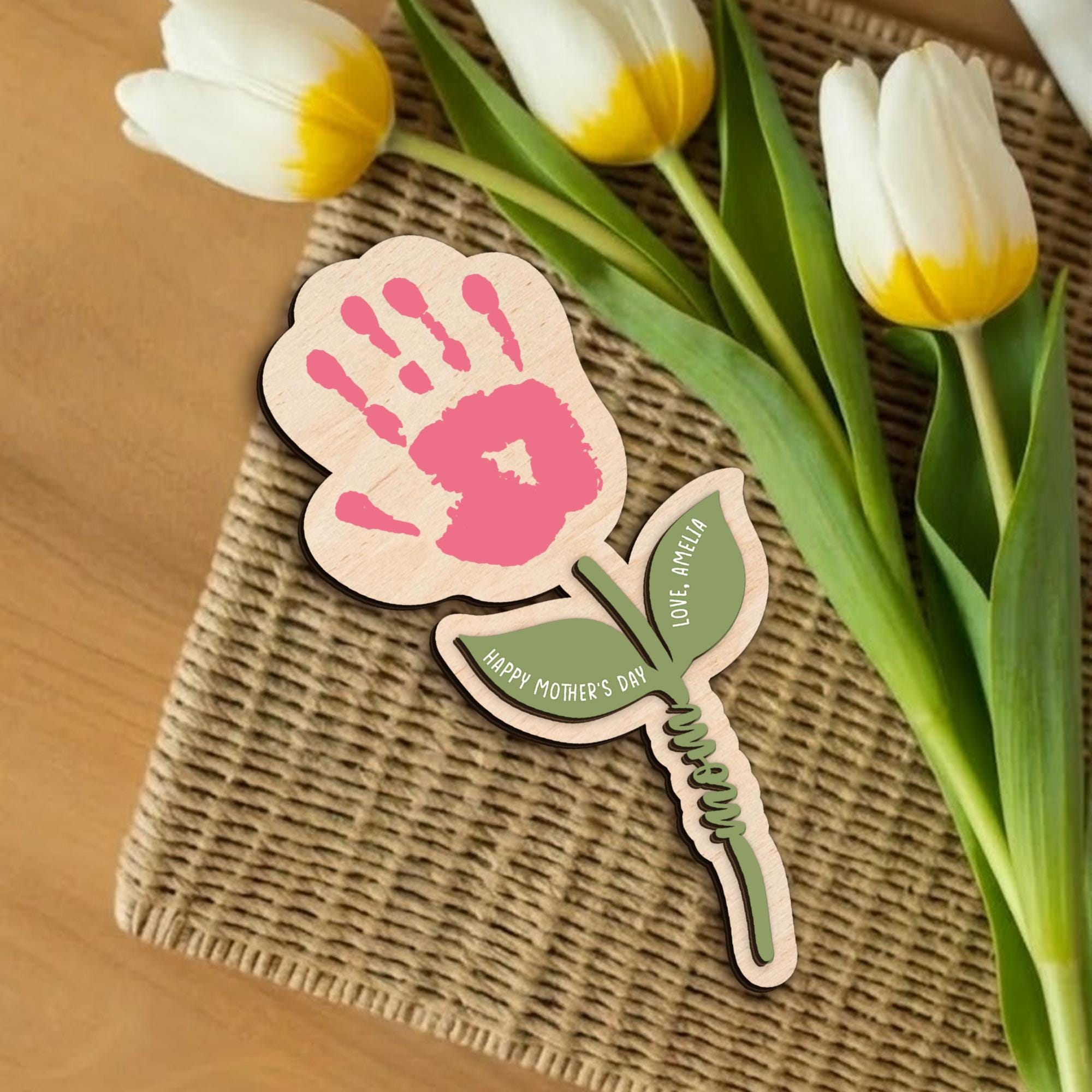 Personalized Handprint Flower Gift for Mom, Wooden Keepsake Mother’s Day Gift, Custom Baby Handprint Plaque, Mom Gift From Kids