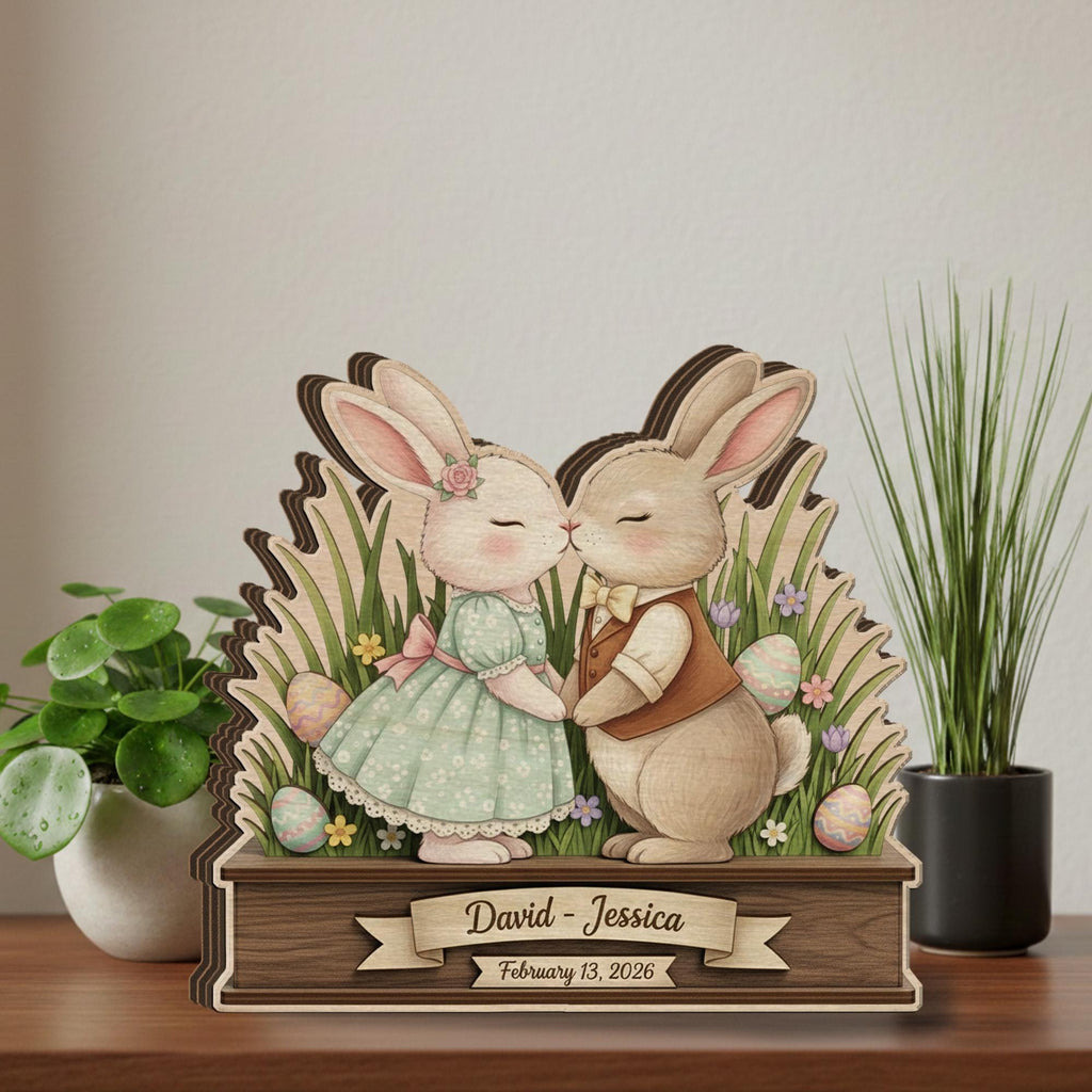 Personalized Wooden Block Easter Bunny Couple Decor, Layered Spring Rabbit Shelf Sign