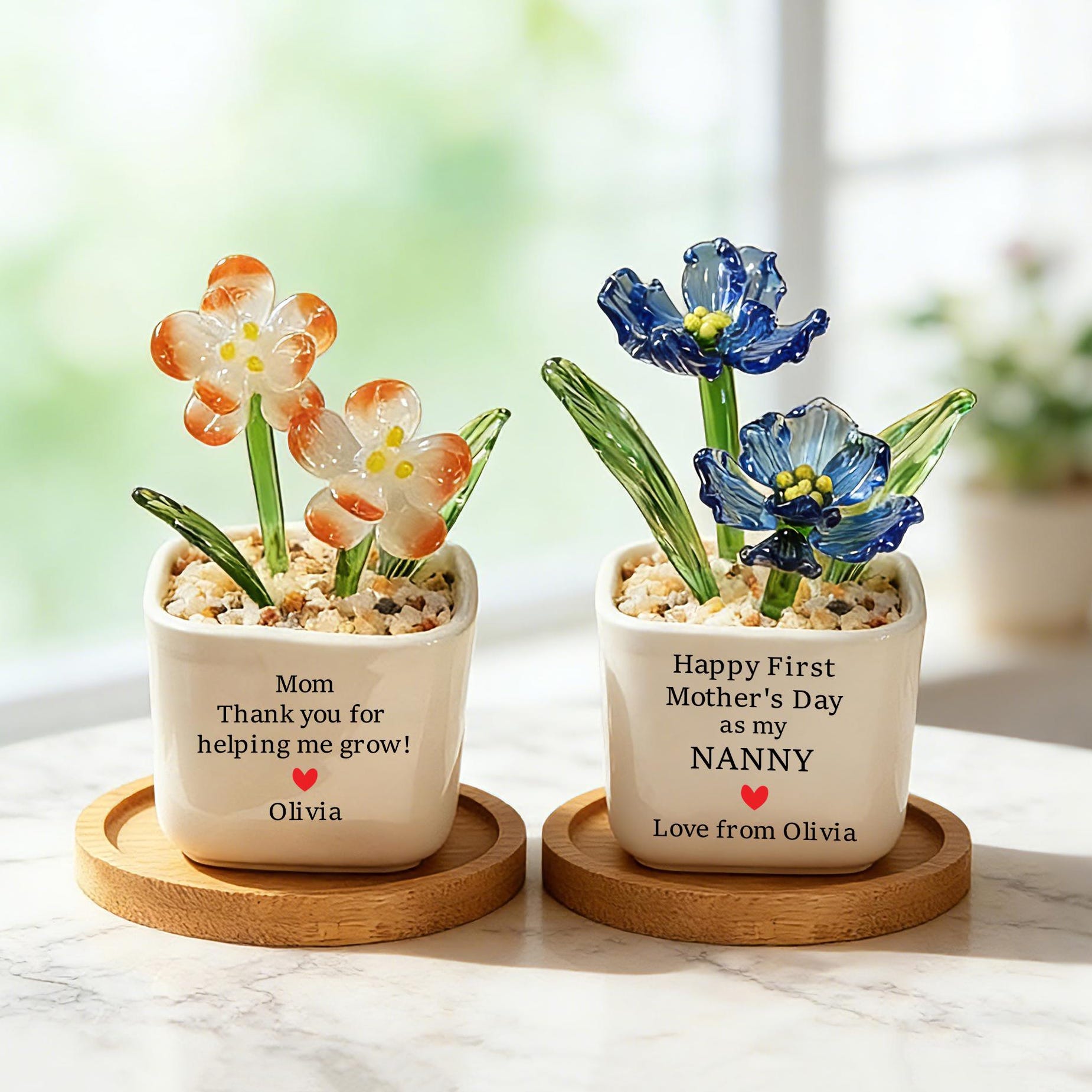 Hand Blown Glass Potted Flowers, Custom Birth Flower Pot, Mother's Day Gift, Stained glass Plant,Home Decor,Housewarming Gift,Gift for Mom