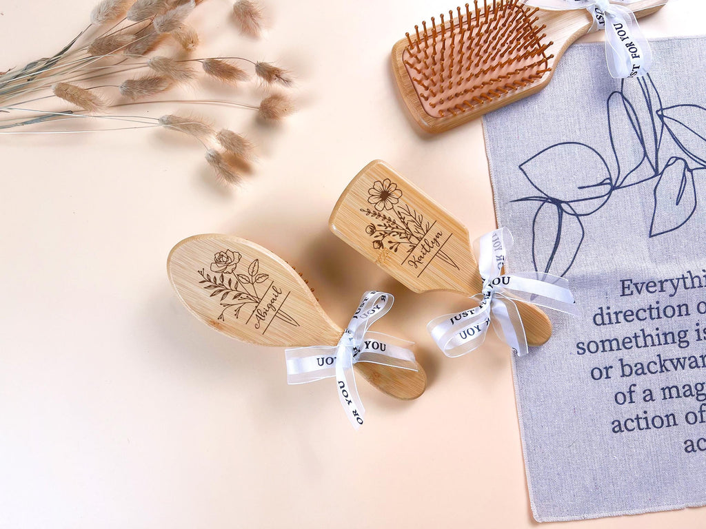 Custom Name Bamboo Hair Brush with Birth Flower: Bridesmaid Gift, Personalized Wooden Comb, Perfect Birthday or Mother's Day Gift for Mom, Daughter, or Friend