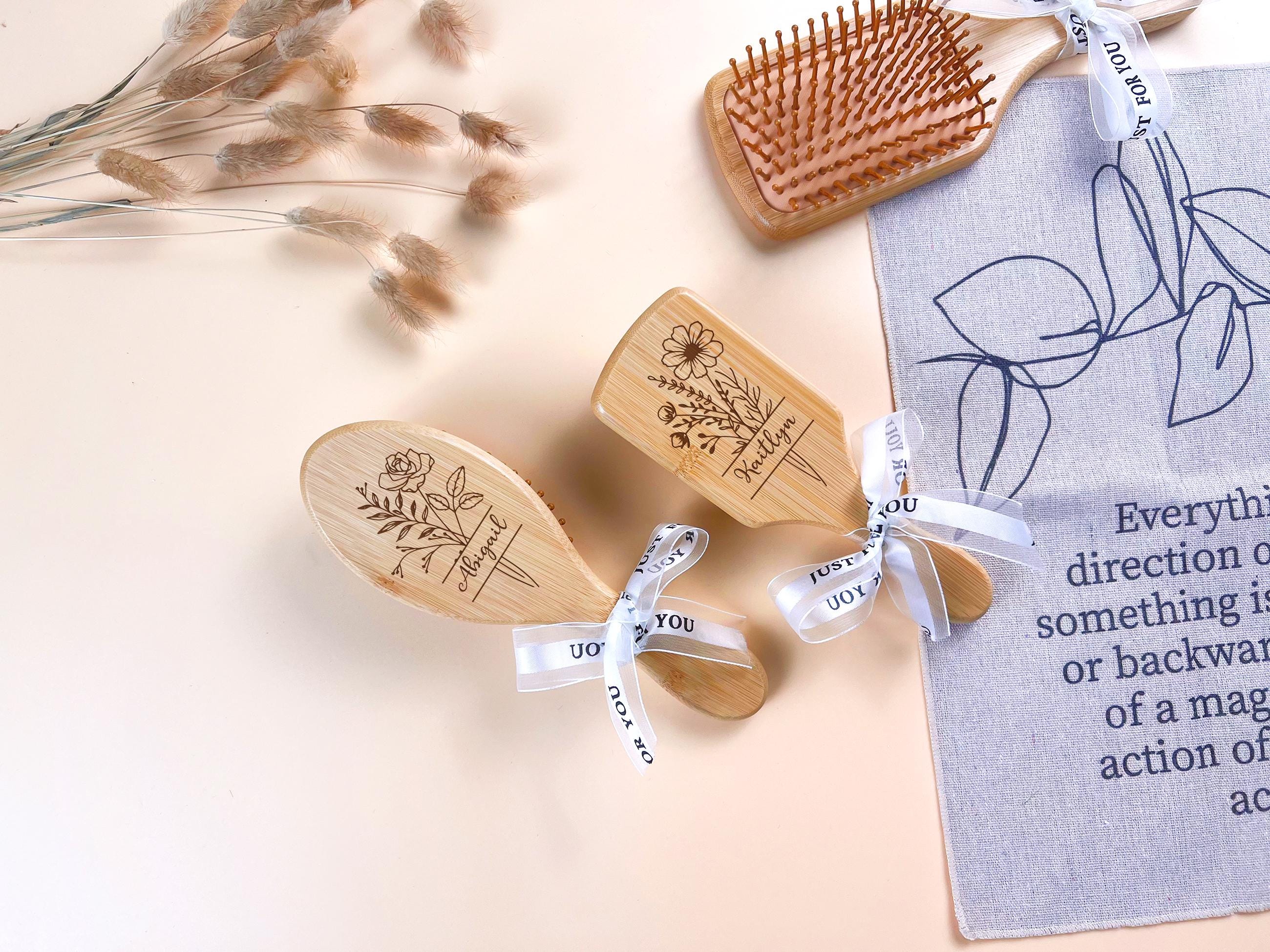 Custom Name Bamboo Hair Brush with Birth Flower: Bridesmaid Gift, Personalized Wooden Comb, Perfect Birthday or Mother's Day Gift for Mom, Daughter, or Friend