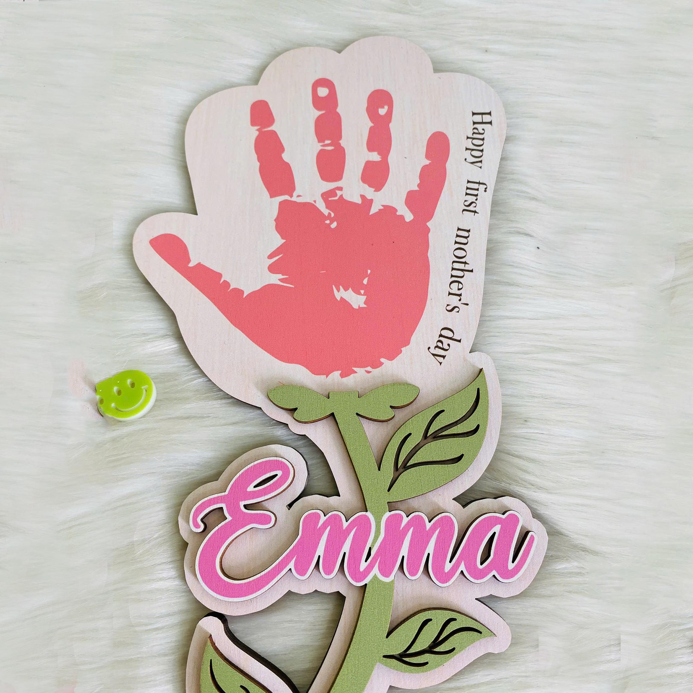 Personalized Handprint Flower Mothers Day Keepsake , Happy First Mothers Day Gift Kids Husband Engraved Wood Sign, Handprint Sign Mother