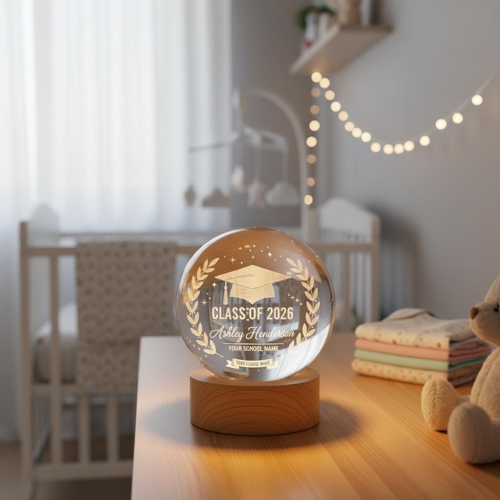 Personalized Graduation Gift Class of 2026, Custom Name School Crystal Ball Night Light, University Grad Keepsake, Wood Base LED Lamp