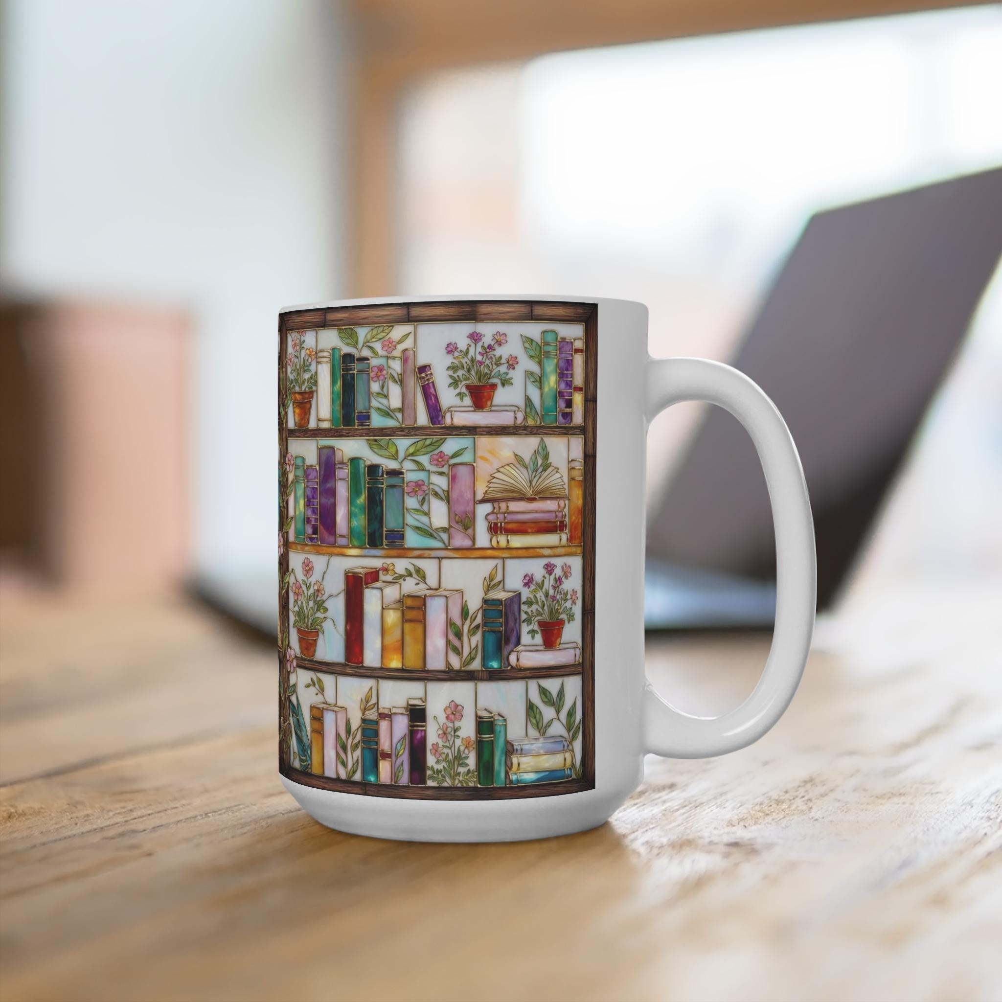 Book Lover Coffee Mug, Bookshelf Design Ceramic Mug, Vintage Library Bookish Cup, Gift for Readers