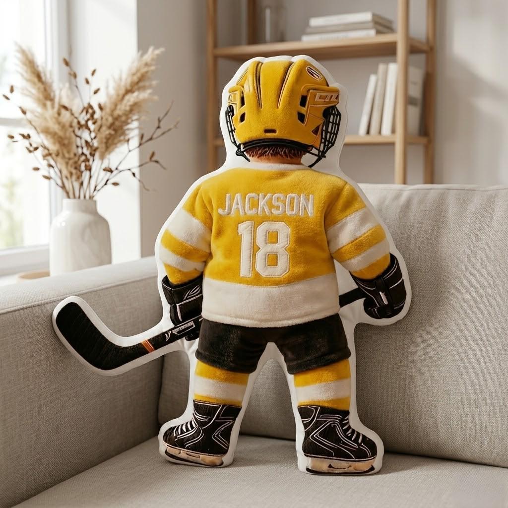 Personalized Hockey Player Pillow Custom Name Number Flat Printed 3D Look NOT Embossed Kids Sports Cushion Team Uniform Gift Room Decor