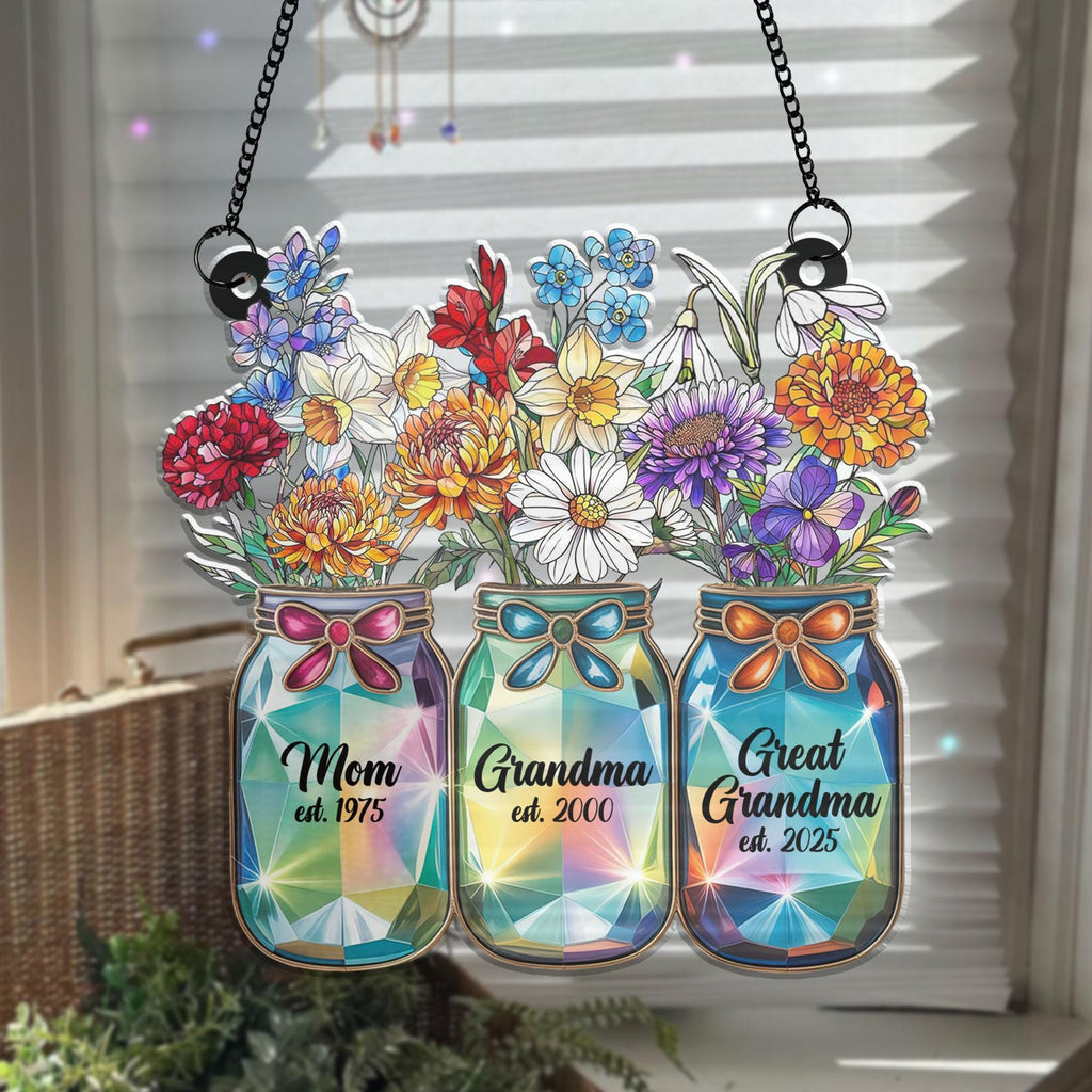 Personalized Grandma’s Garden Acrylic Suncatcher, Watering Can Floral Stained Glass Style, Custom Names Window Hanging Mother’s Day Gift