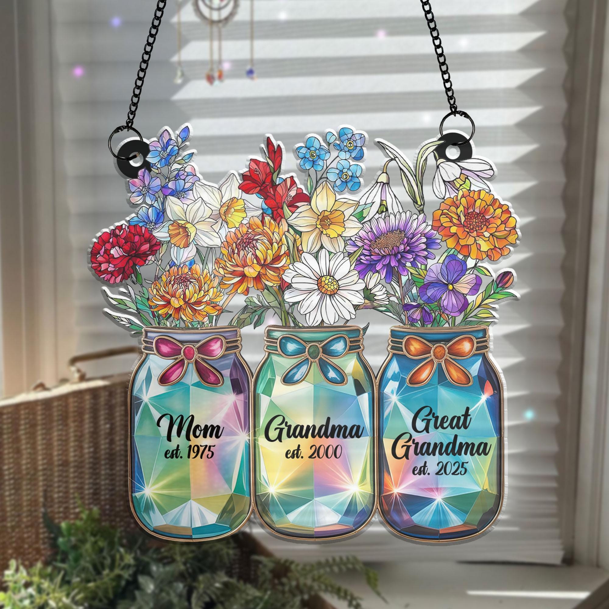 Personalized Grandma’s Garden Acrylic Suncatcher, Watering Can Floral Stained Glass Style, Custom Names Window Hanging Mother’s Day Gift