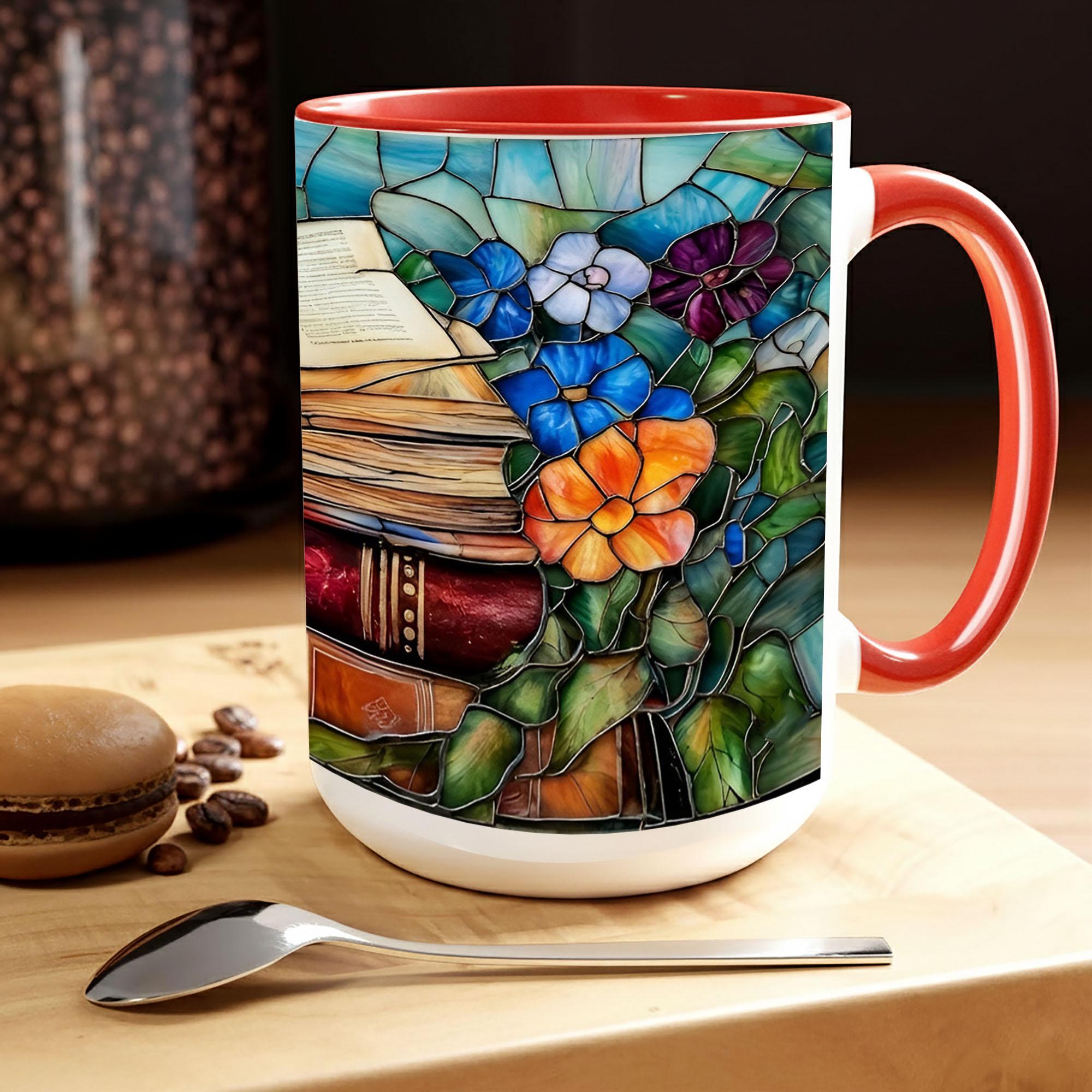 Stained Glass Book Lover Mug Floral Cottagecore Bookshelf Design Colorful Reading Bookish Cup 15oz Ceramic, Handle Color Mug