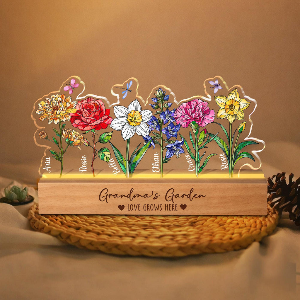 Custom Grandma's Garden Night Light_ Personalized Birth Month Flowers Gift for Grandma, Mothers Day Gift From Grandkids, Mom Birthday Gifts