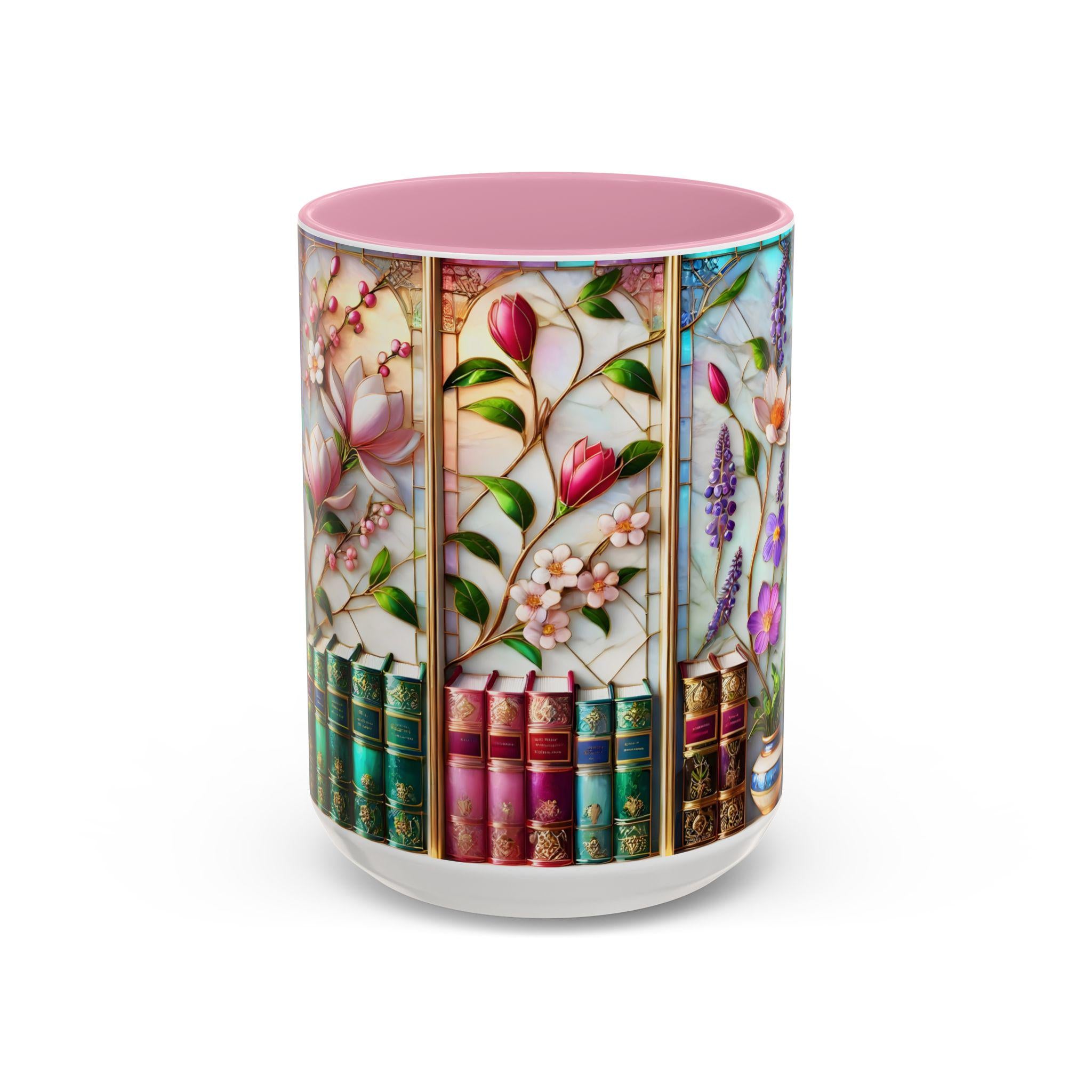 Floral Bookshelf Coffee Mug, Bookish Faux Stained-glass Mug, Book Lover Gift, Reading Mug for Women, Library Floral Cup 15oz