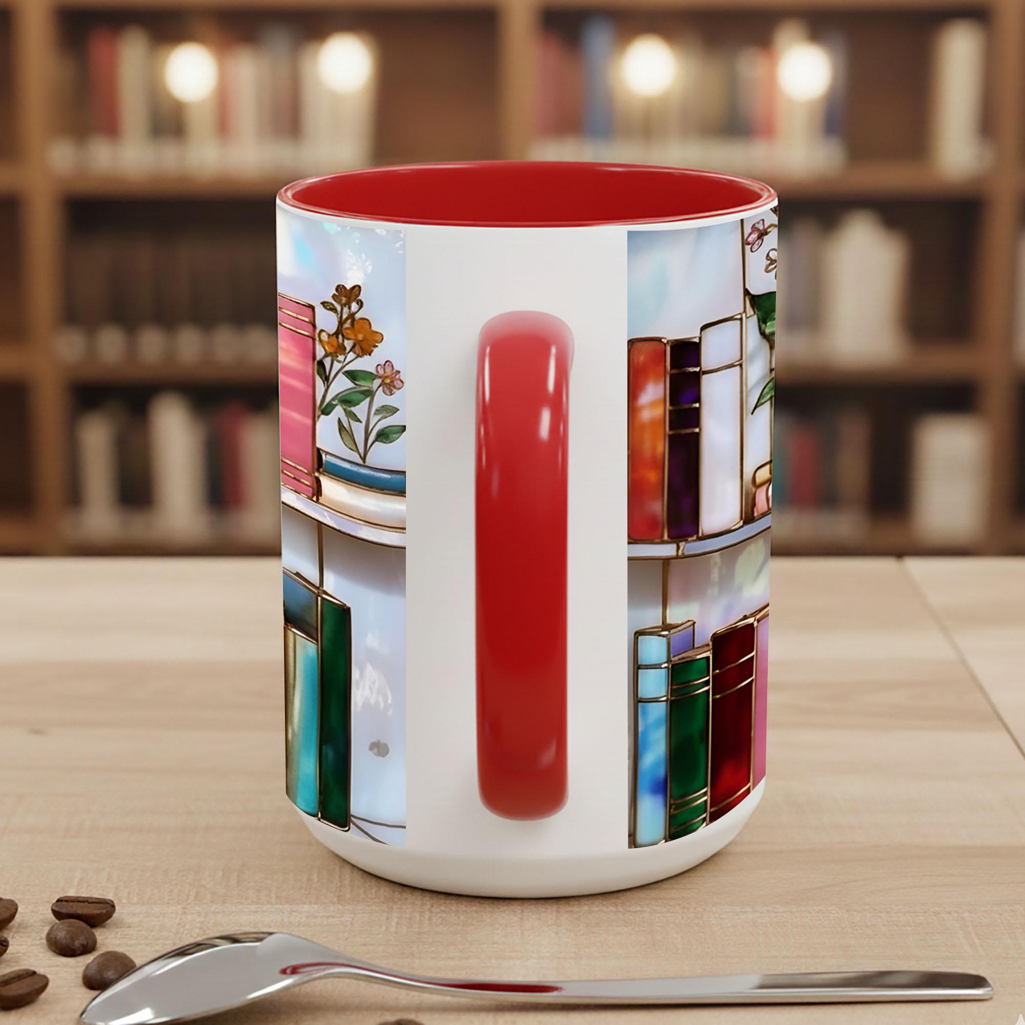 Stained Glass Book Lover Mug Floral Cottagecore Bookshelf Design Colorful Reading Bookish Cup 15oz Ceramic, Handle Color Mug