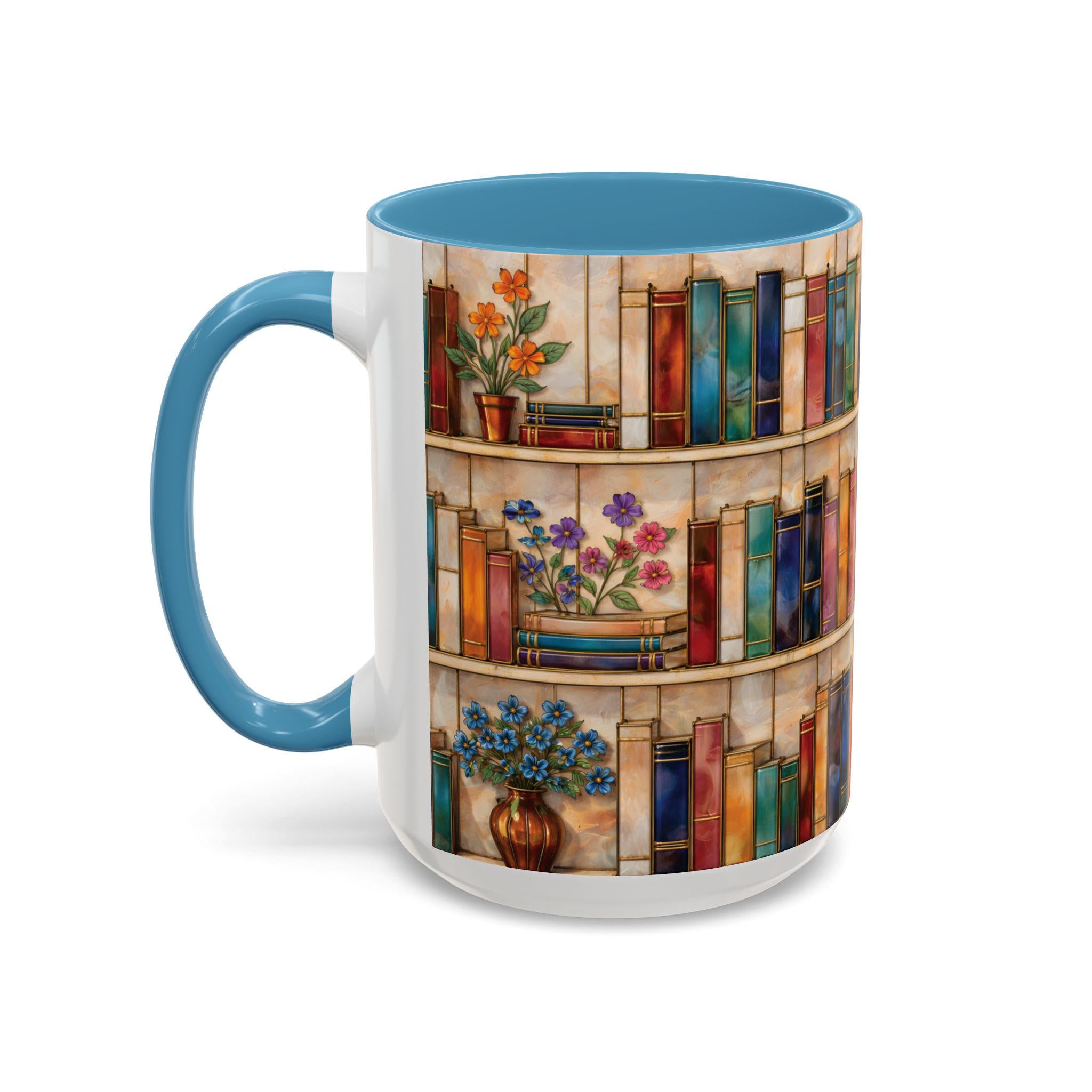 Bookshelf Coffee Mug, Floral Book Lover Gift, Bookish Stained-glass Style Mug, Modern Ceramic Mug – Elevate Your Coffee Time