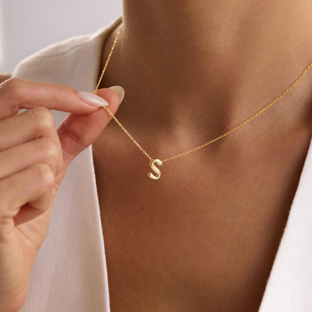 Sterling Silver 3D Bubble Initial Necklace – Custom Letter Pendant, 3D Bubble Letter Necklace, Solid 925 Silver Initial Pendant