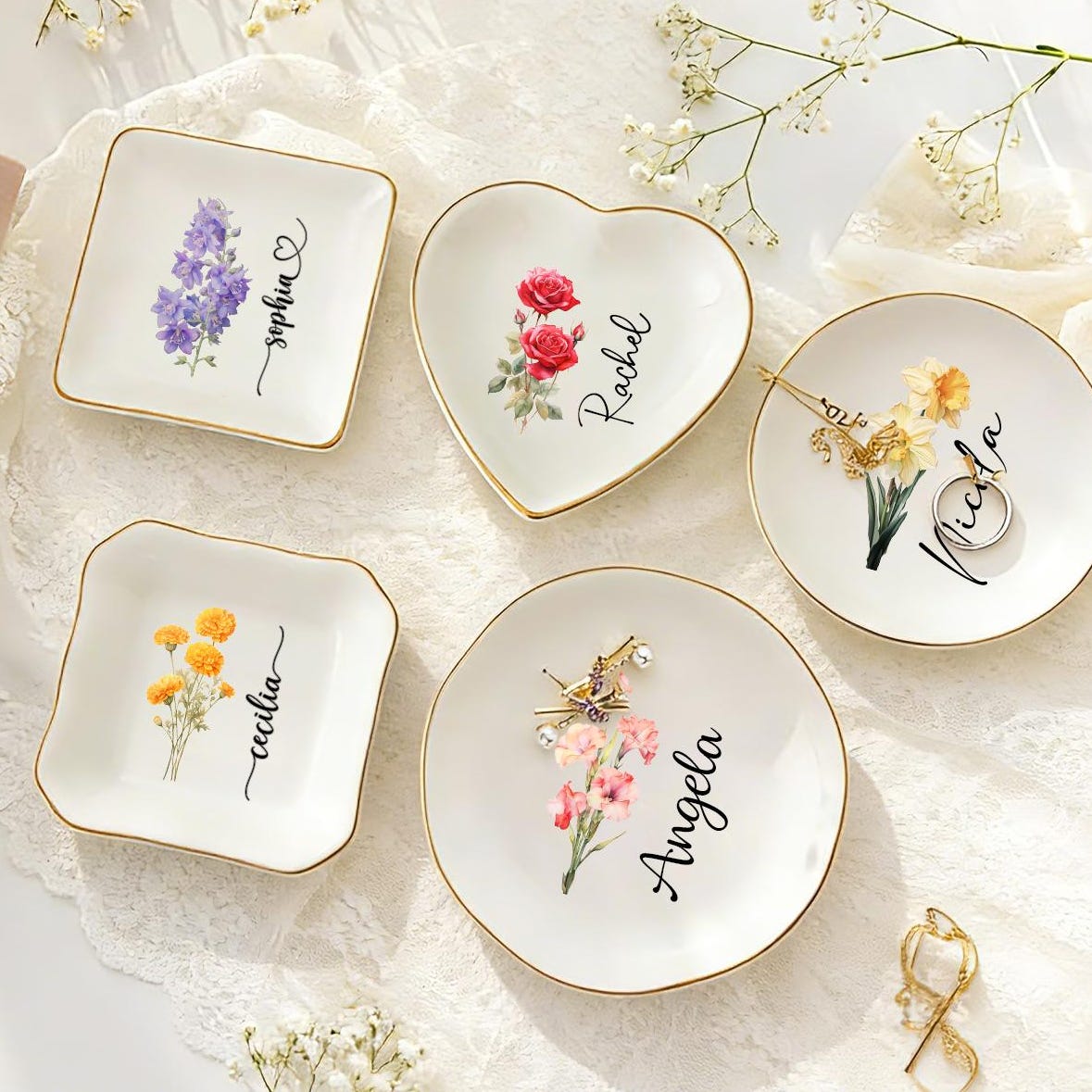 Custom Birth Flower Ring Trinket Dish, Personalized Birth Month Flower Trinket Dish,birthday Jewelry Dish,wedding Bridesmaid Gift _ Mom Gift