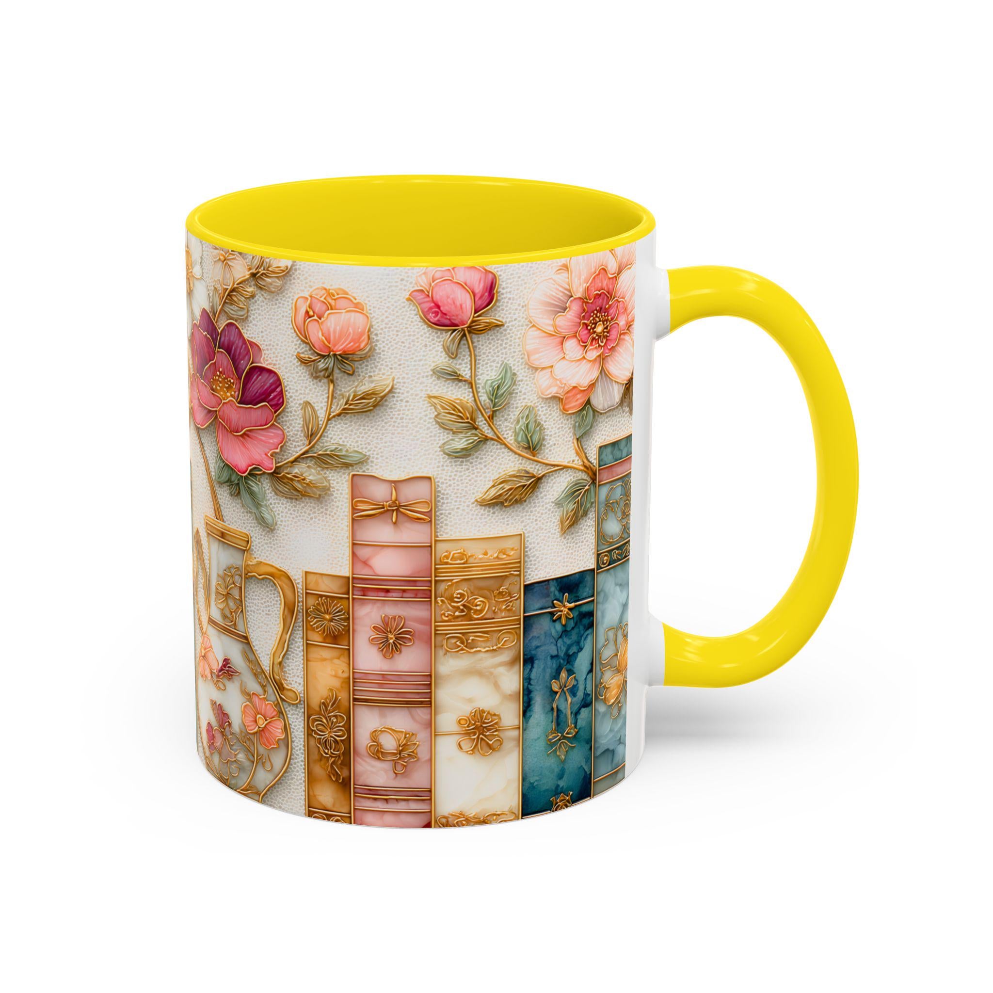 Book Lover Floral Bookshelf Coffee Mug, Stained Glass Style, Bookish Mom Gift