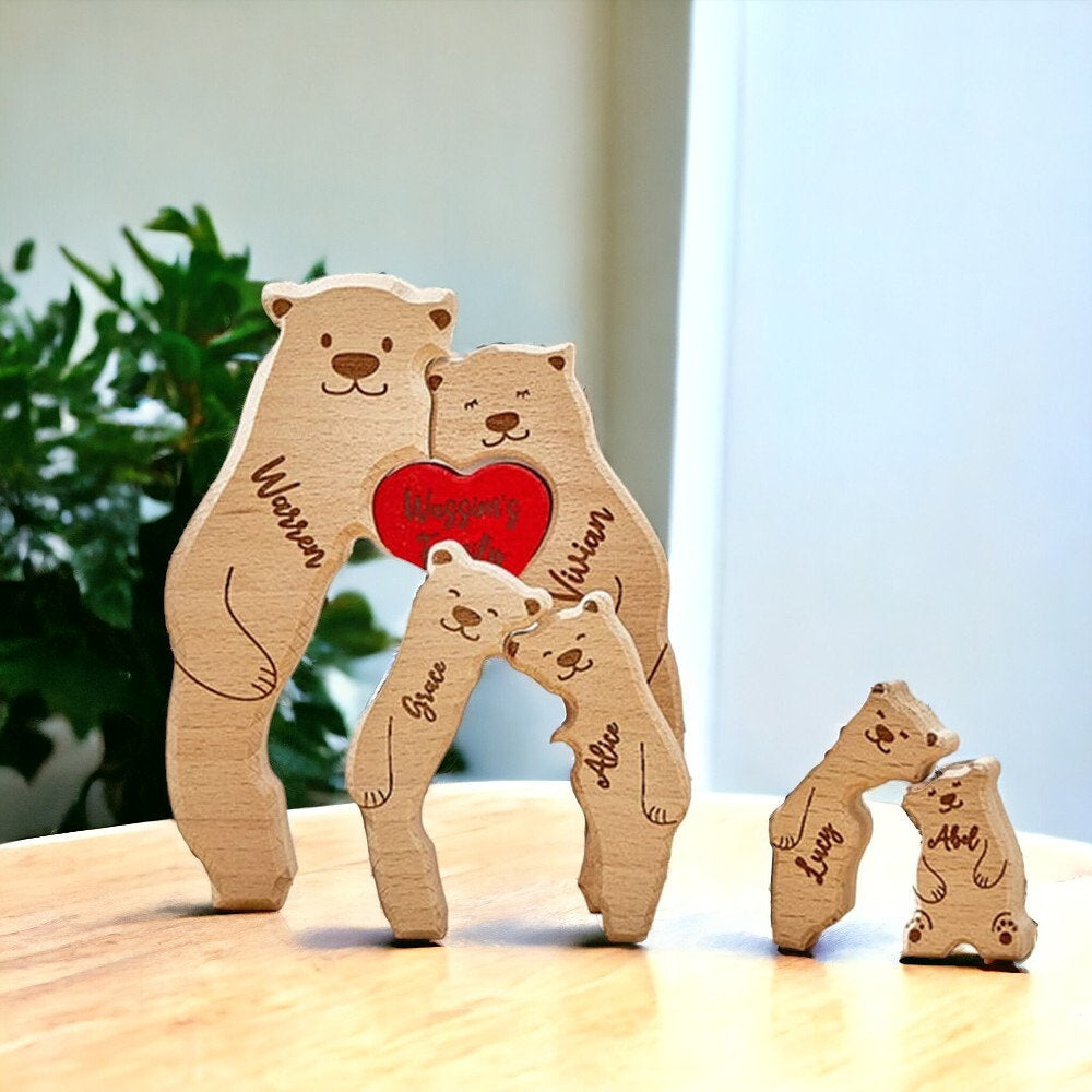 Personalised Wooden Bear Family Puzzle _ Custom Engraved Figurines _ Woodland Family Keepsake Gift for Mum, Dad & Kids, Rustic Home Decor