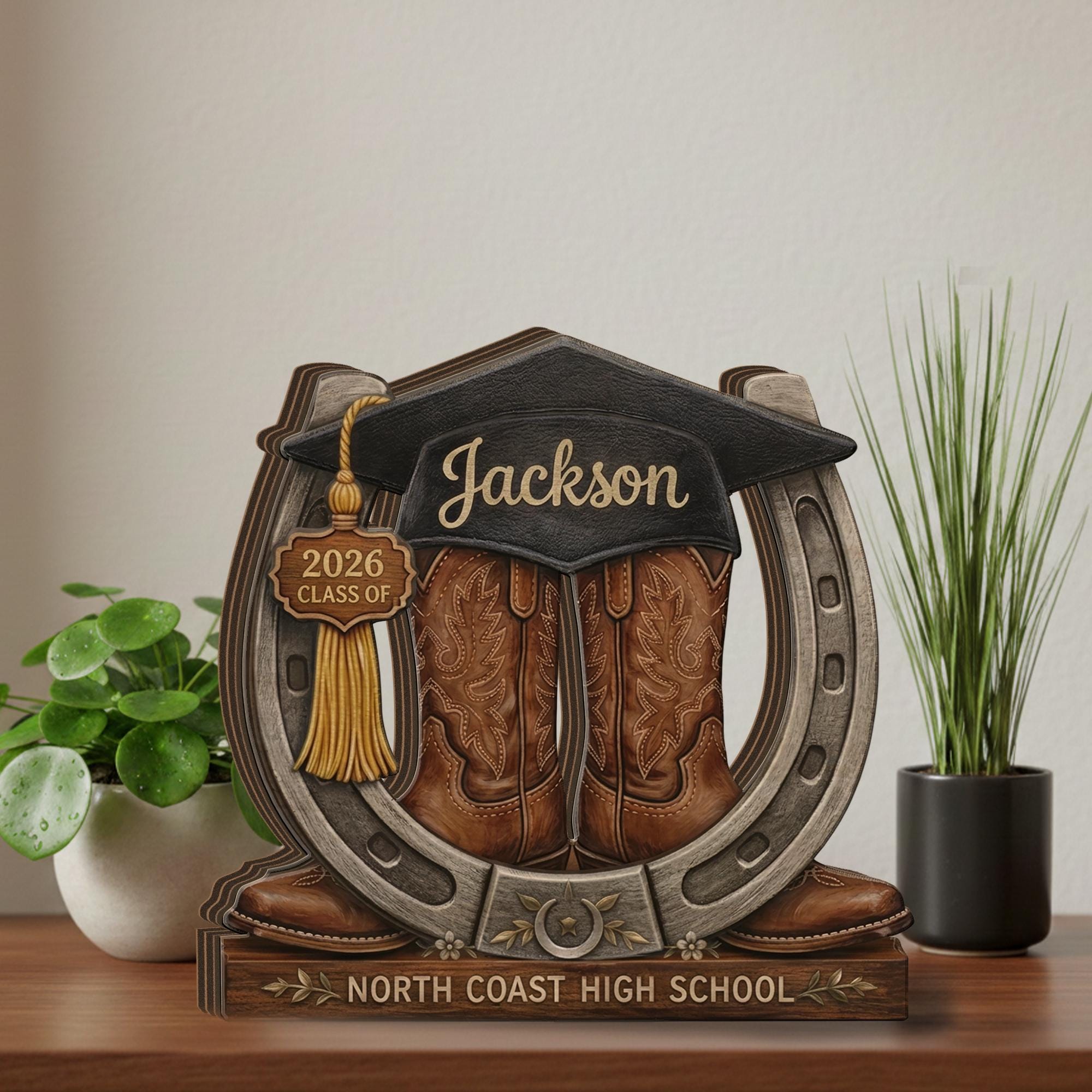 Personalized Graduation Wooden Block, Customized Cowboy Boots Keepsake, Class of 2026 Gift, Custom Name Graduate Decor