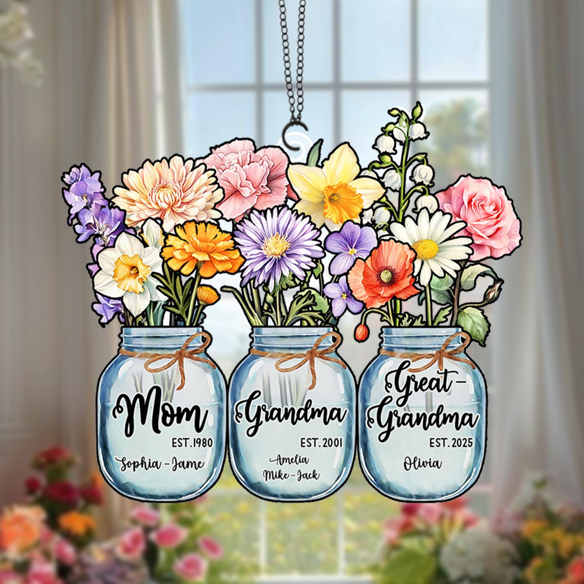 Custom Great Grandma's Garden Suncatcher, Birth Month Flower Acrylic Window Hanging, Grandma Suncatcher, Gift From Grandkids, Christmas Gift