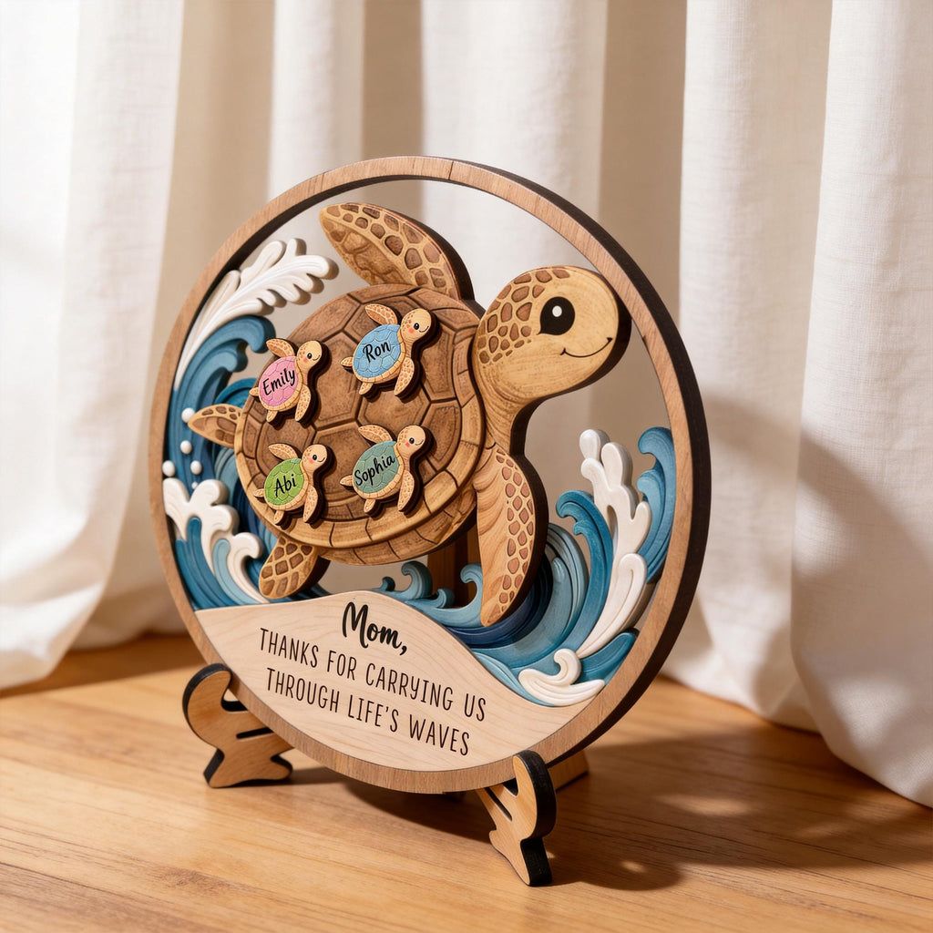 Personalized Wooden Sea Turtle Family Plaque, Unique Mom Gift, Turtle Lover Keepsake, Meaningful Mother’s Day Gift, Custom Family Name Sign