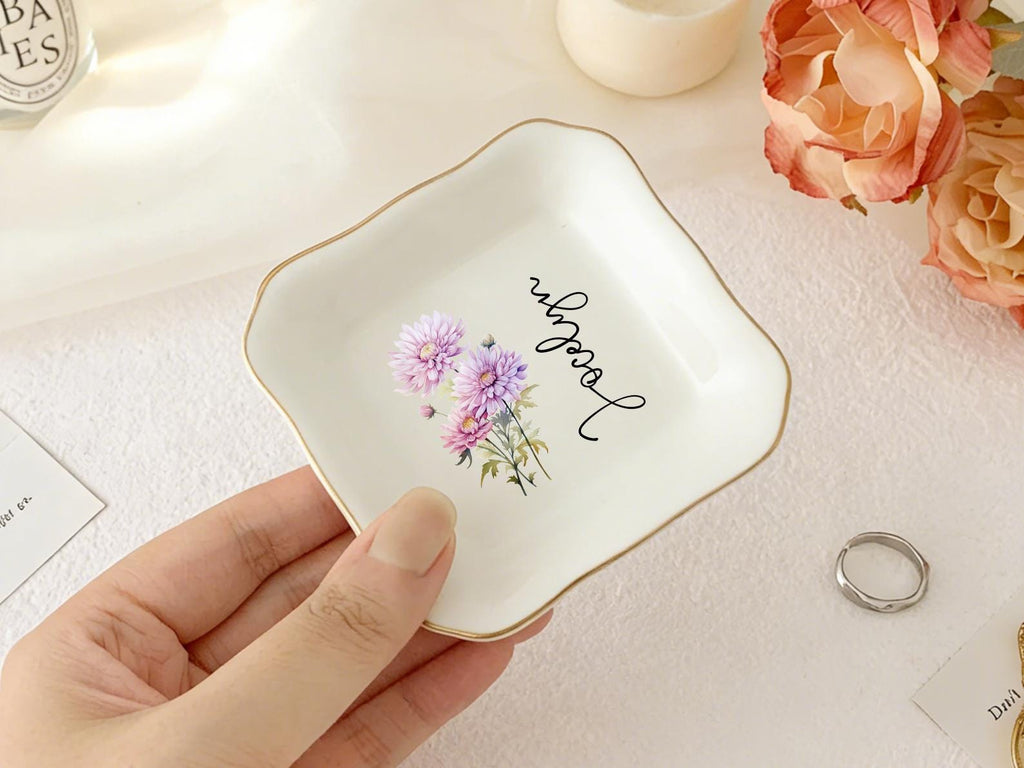 Custom Birth Flower Ring Trinket Dish, Personalized Birth Month Flower Trinket Dish,birthday Jewelry Dish,wedding Bridesmaid Gift _ Mom Gift
