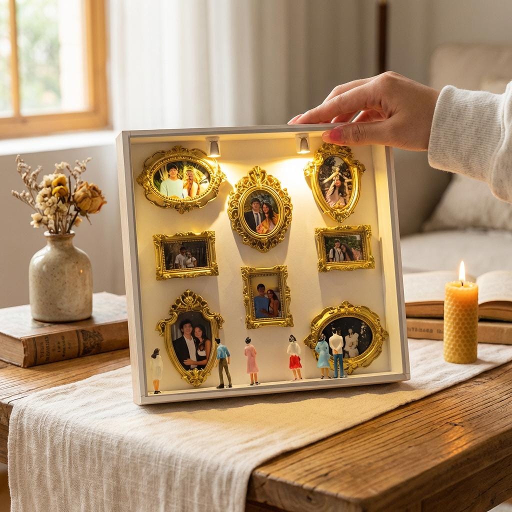 DIY Mini Museum Silhouette Box, LED Lighted Photo Shadow Box, Gold Vintage Frames with Mini Figurines, Personalized Memory Display Box,