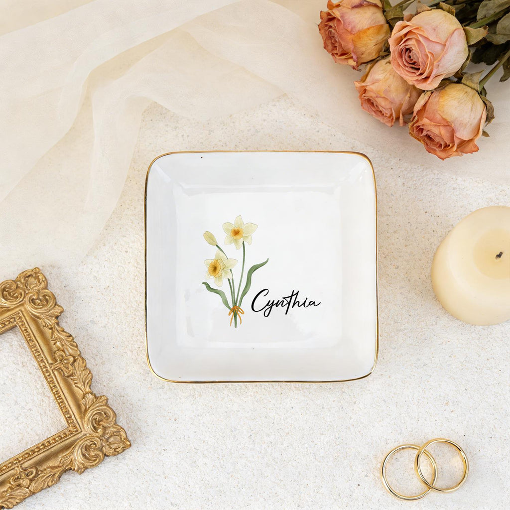 Personalized Birth Flower Trinket Dish, Custom Watercolor Flower Ring Dish, Wedding Bridesmaid Gift, Gift for Friends, Birthday Gift for Her